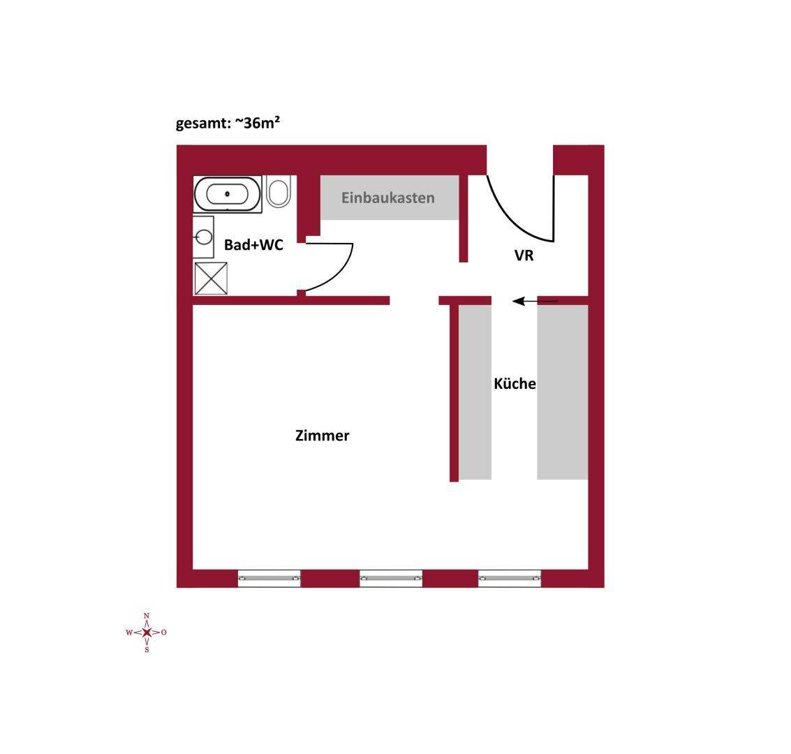 Grundriss einer ca. 36m² großen Wohnung mit Zimmer, Bad, WC und separater Küche.