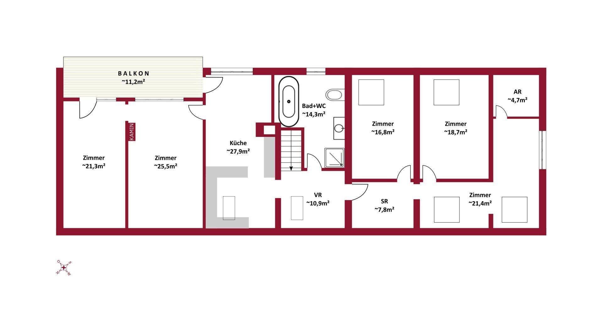 Grundriss des Obergeschosses mit mehreren Zimmern, Bad, Küche und einem großen Balkon.
