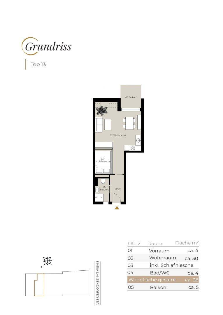 Grundriss der Wohnung Top 13 mit Wohnraum, Schlafzimmer und Balkon.
