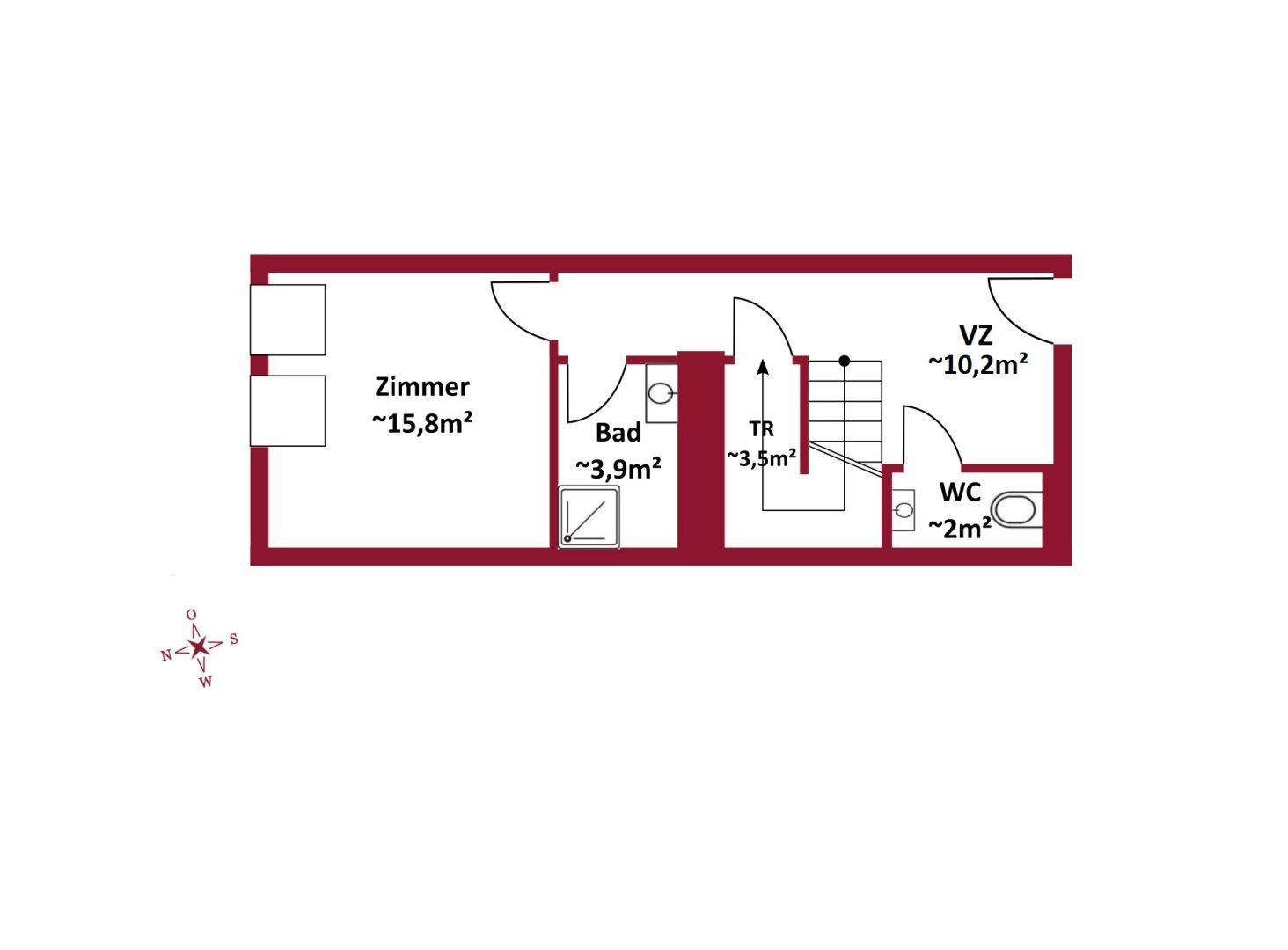 Grundriss des unteren Geschosses mit Zimmer, Bad, WC und Treppenaufgang.