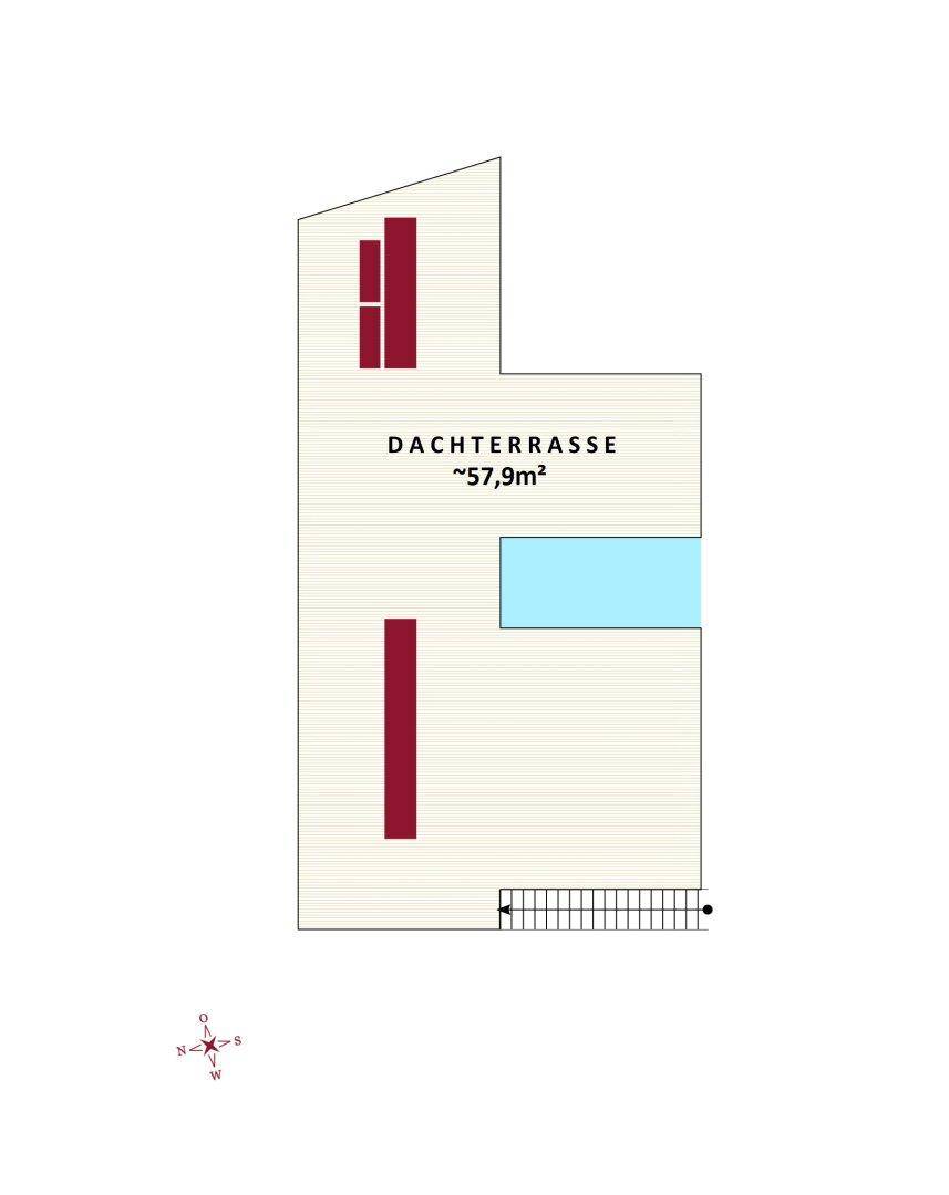 Grundriss der oberen Ebene mit einer großzügigen Dachterrasse von 57,9m².
