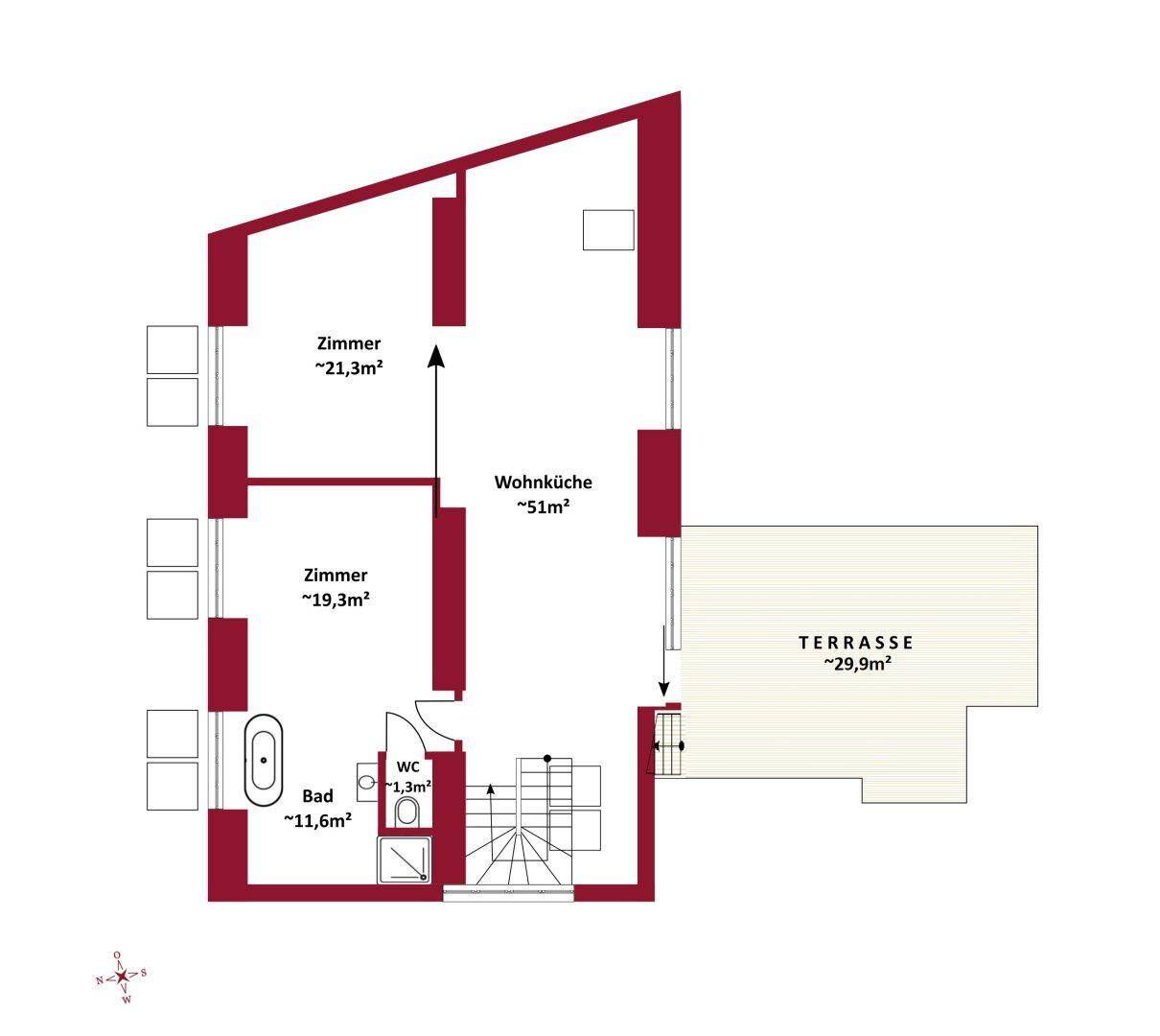 Grundriss der unteren Ebene mit Wohnküche, zwei Zimmern, Bad, WC und einer Terrasse von 29,9m².