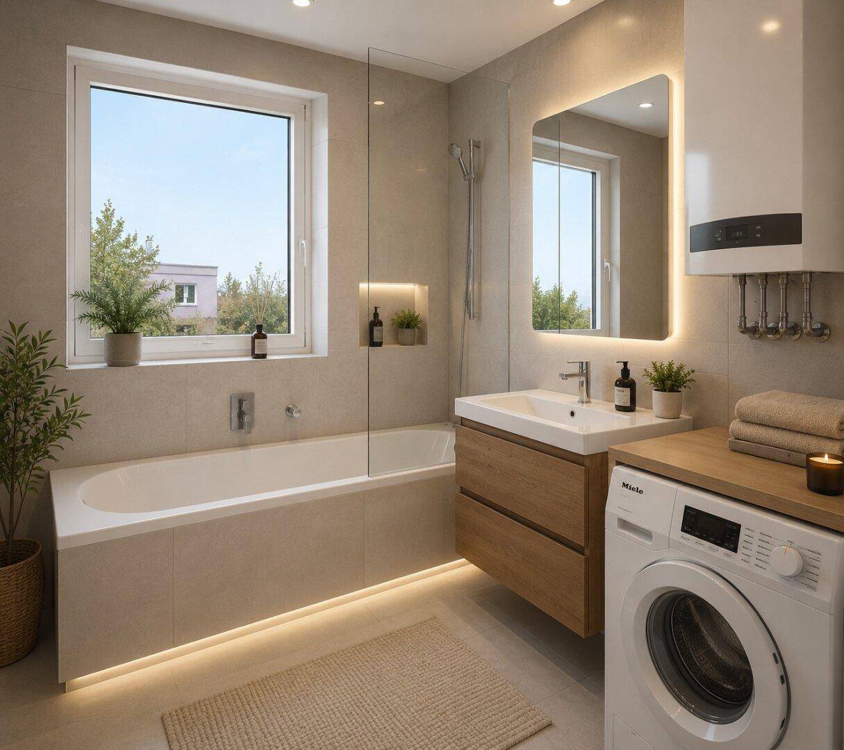 Modernes Badezimmer mit Badewanne, Waschbecken, beleuchtetem Spiegel und Waschmaschine.