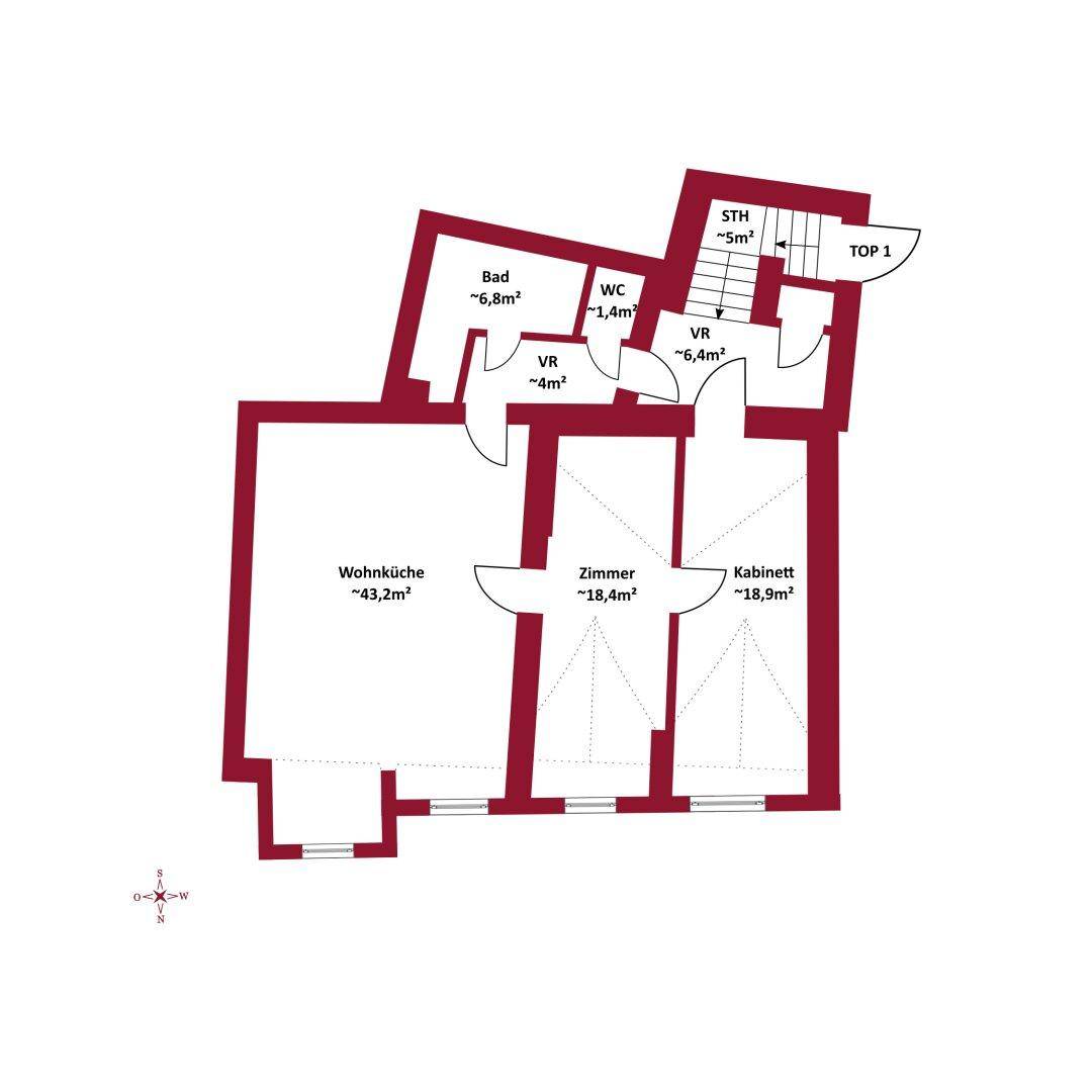 Detaillierter Grundriss einer Wohnung mit großer Wohnküche, separatem Zimmer, Bad und Gäste-WC.