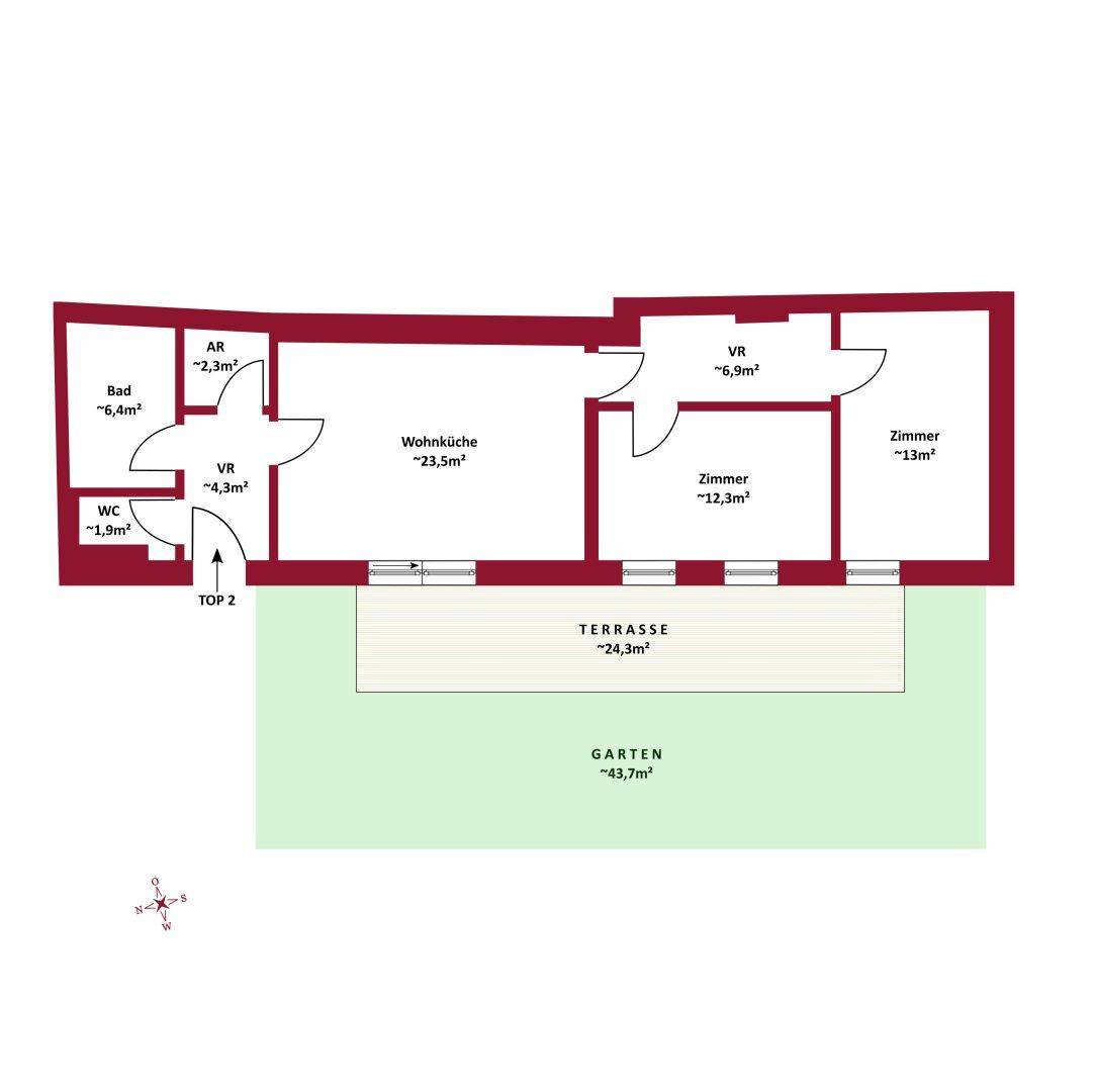 Grundriss von TOP 2 mit Wohnküche, zwei Zimmern, Bad, WC, Terrasse und Garten.