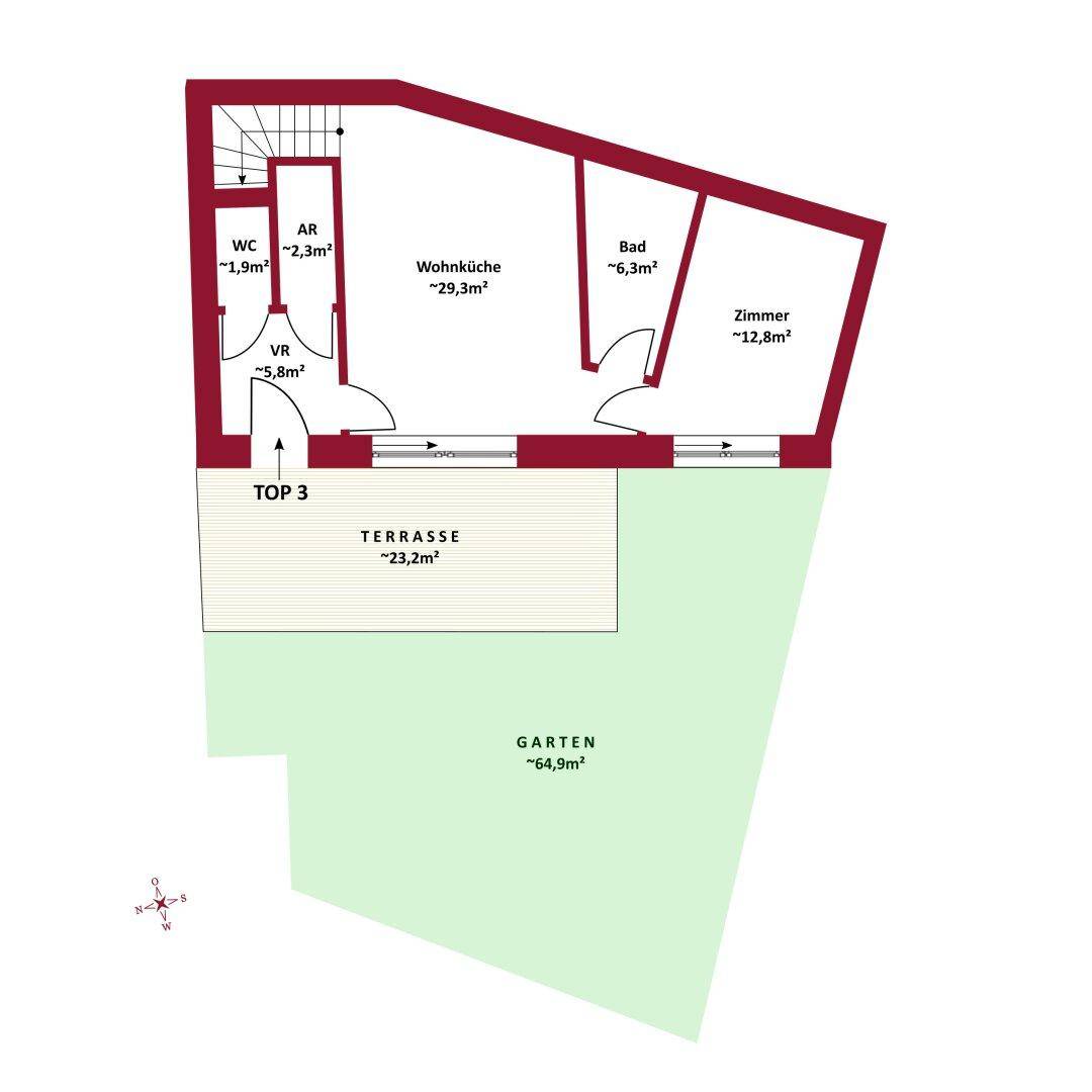 Grundriss von TOP 3 mit Wohnküche, Zimmer, Bad, WC, Terrasse und großem Gartenbereich.