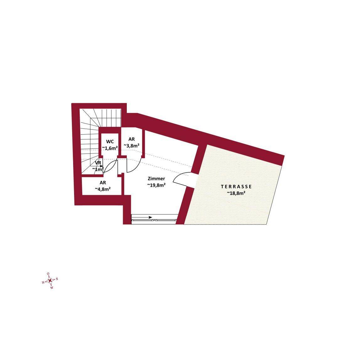 Grundriss mit Zimmer, WC, Abstellraum und großer Terrasse, ideal für Einzelpersonen.