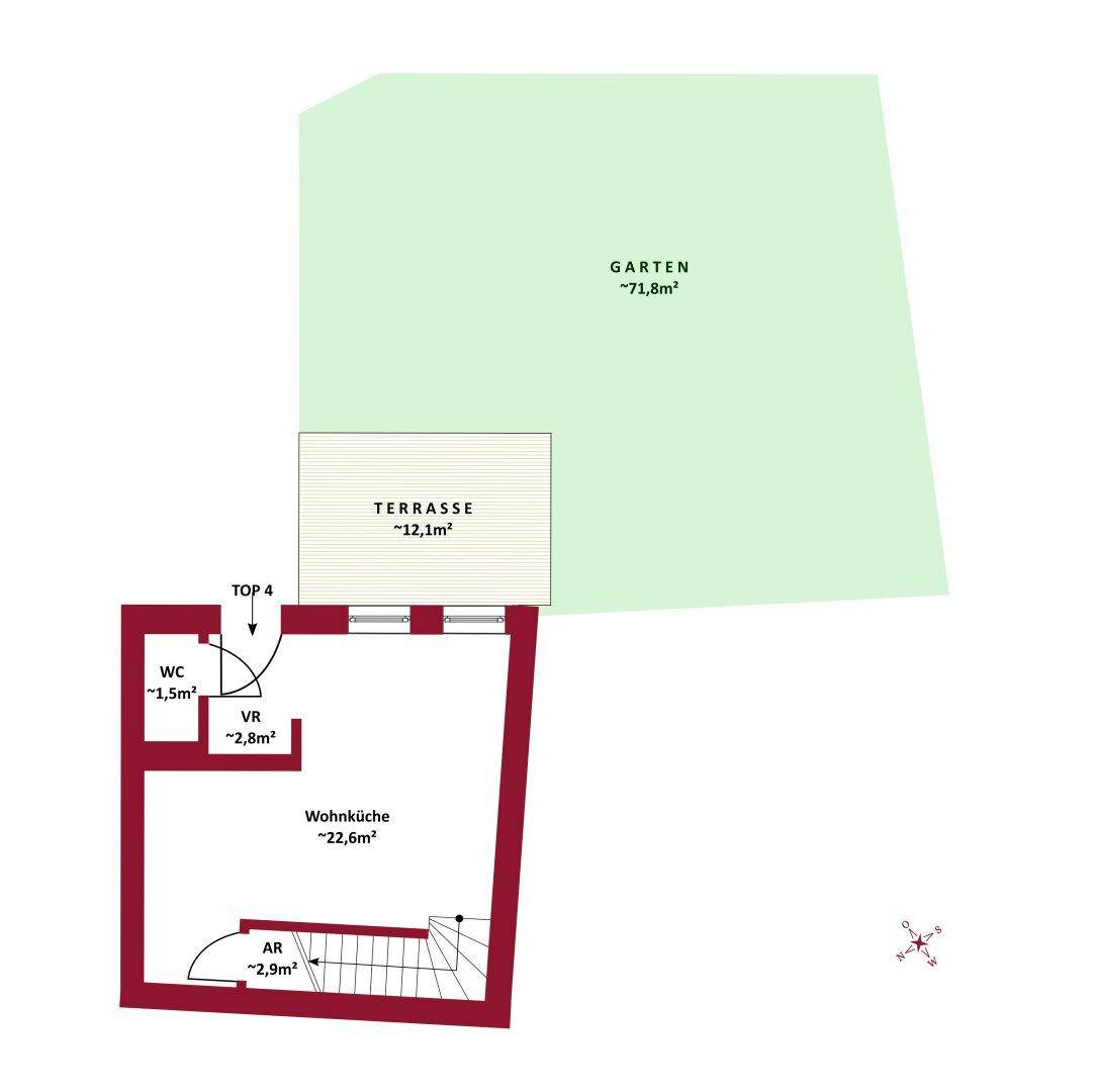 Grundriss von TOP 4 mit Wohnküche, WC, Abstellraum, Terrasse und großem Garten.