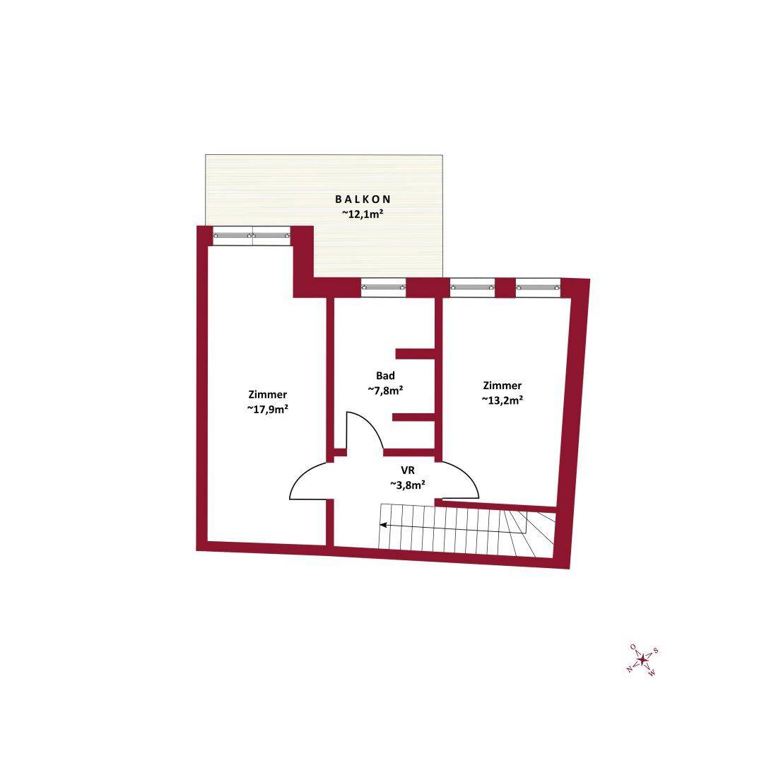 Grundriss mit zwei Zimmern, Bad, Vorraum und Balkon, ideal für kleine Familien.