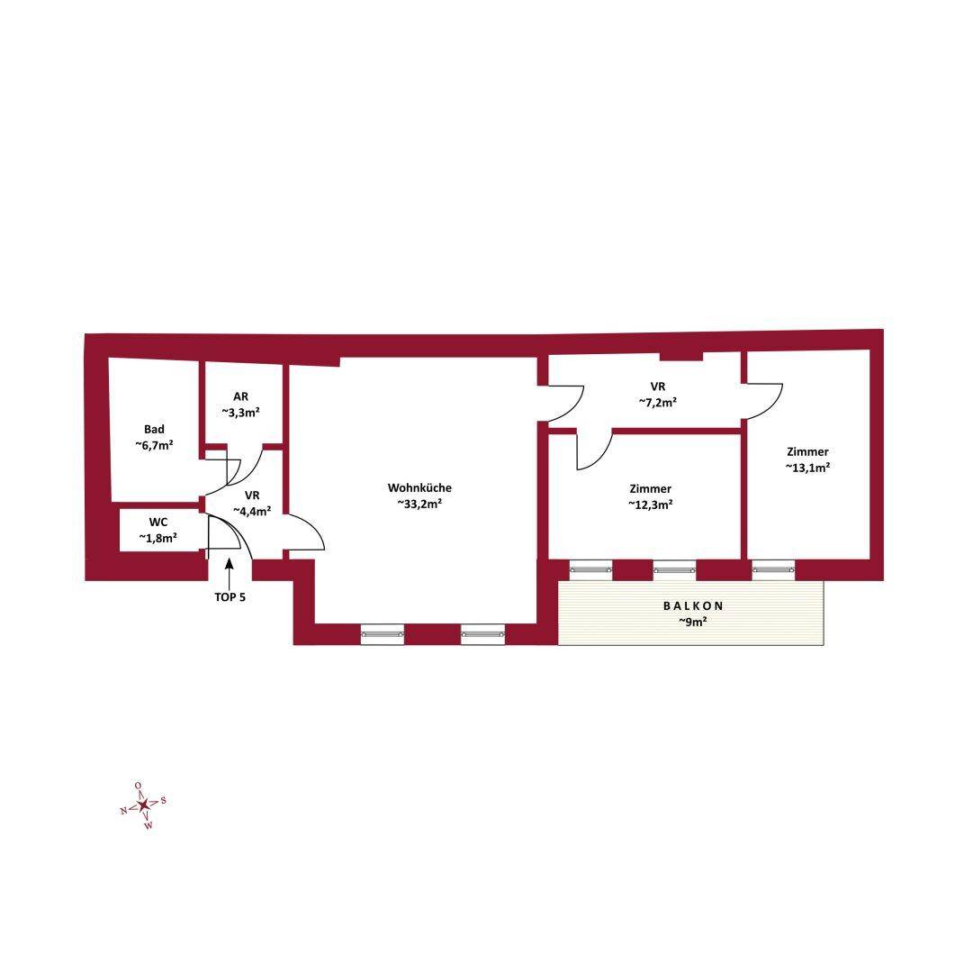 Grundriss von TOP 5 mit Wohnküche, Zimmer, Bad, WC und Balkonzugang.