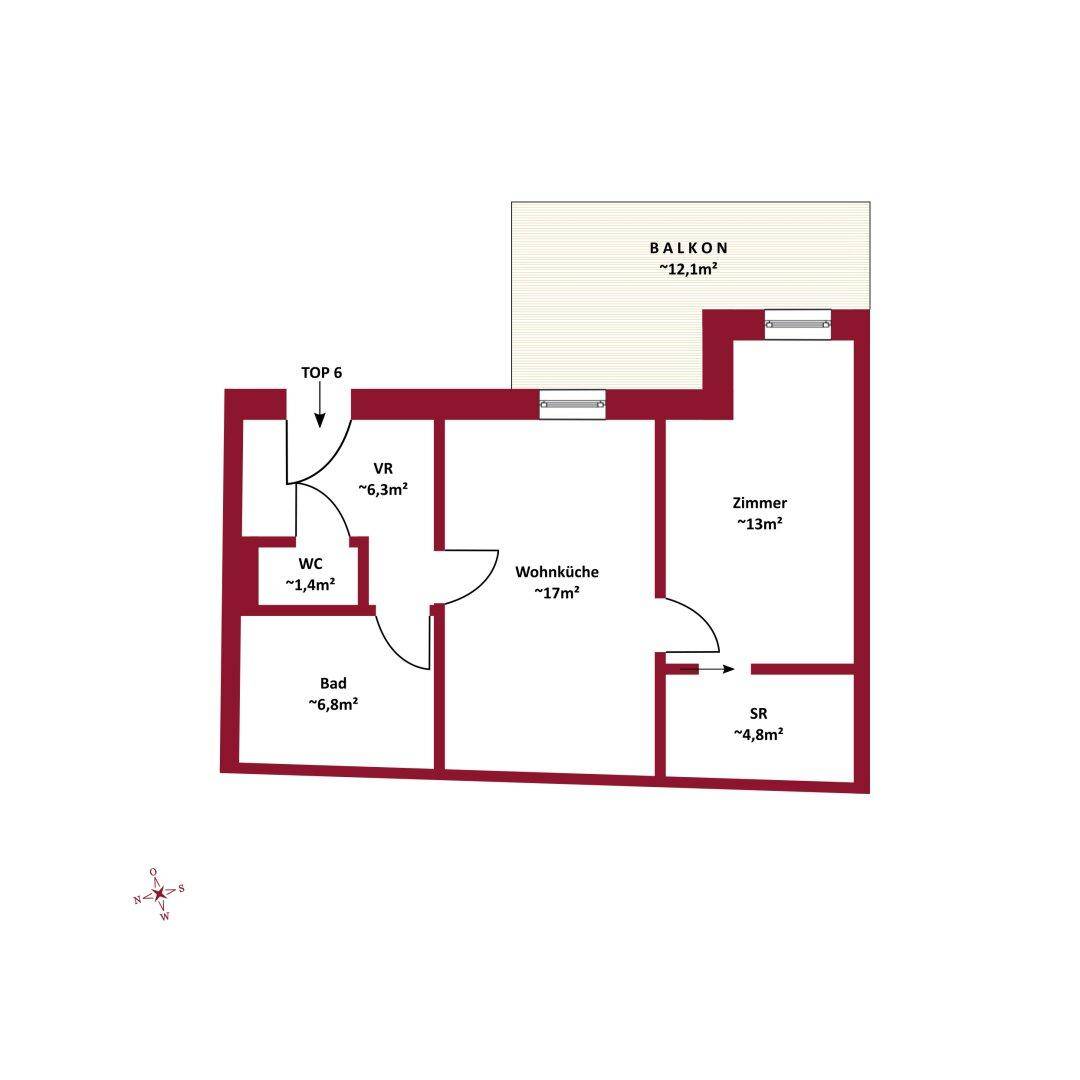 Grundriss von TOP 6 mit Wohnküche, Zimmer, Bad, WC, Abstellraum und Balkon.