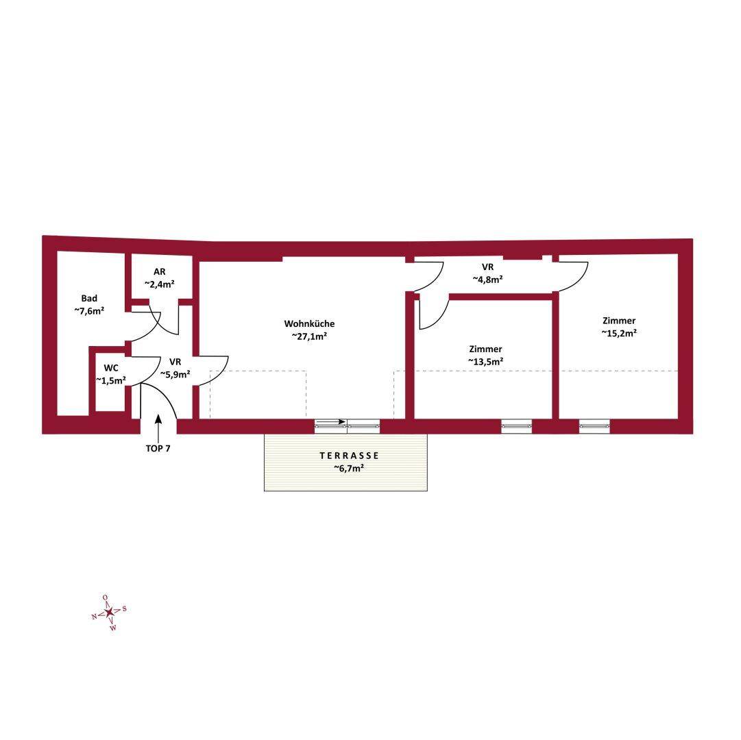 Grundriss von TOP 7 mit Wohnküche, zwei Zimmern, Bad, WC und Terrasse.