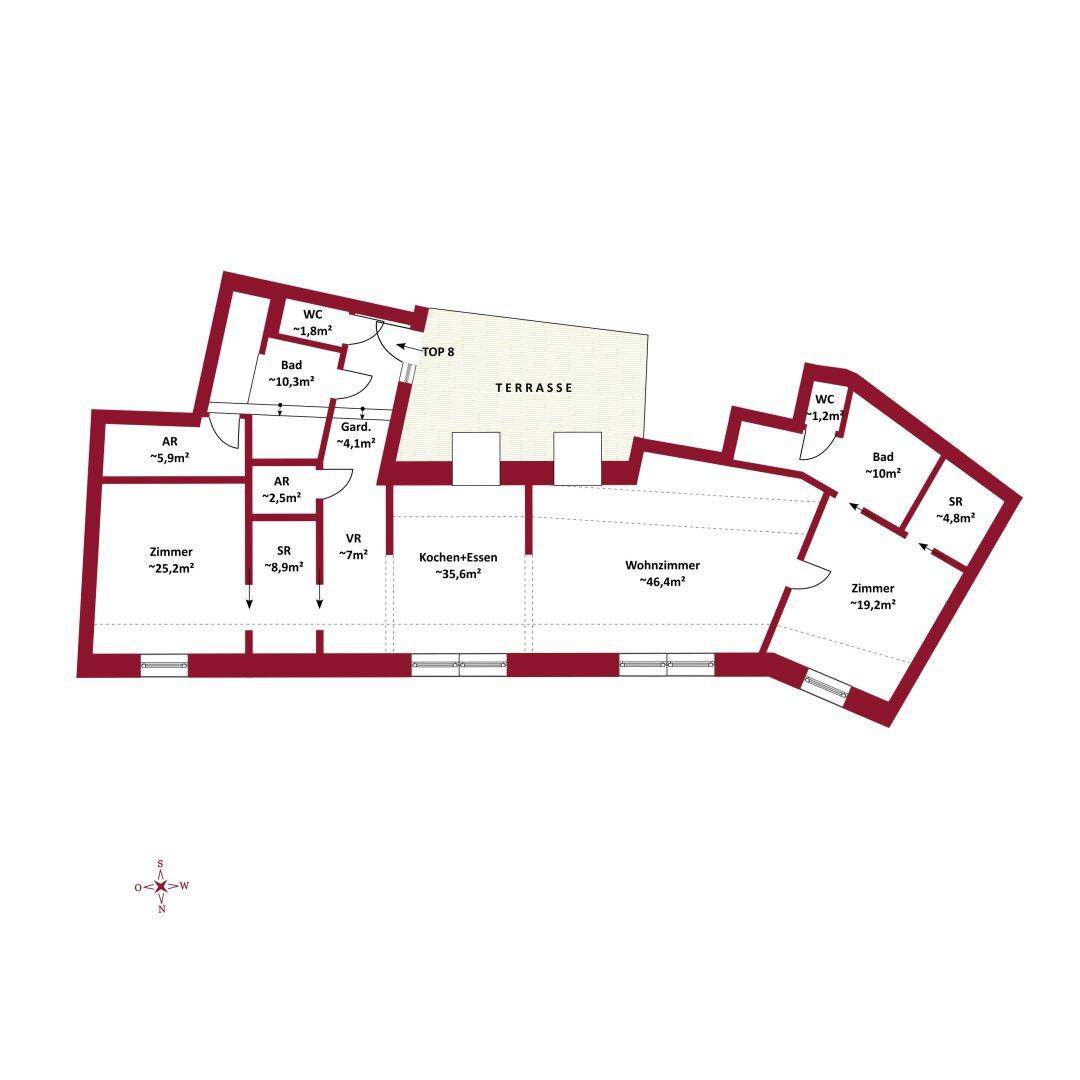 Großzügiger Grundriss von TOP 8 mit Wohnzimmer, Küche-Essen, zwei Zimmern, Bädern und Terrasse.