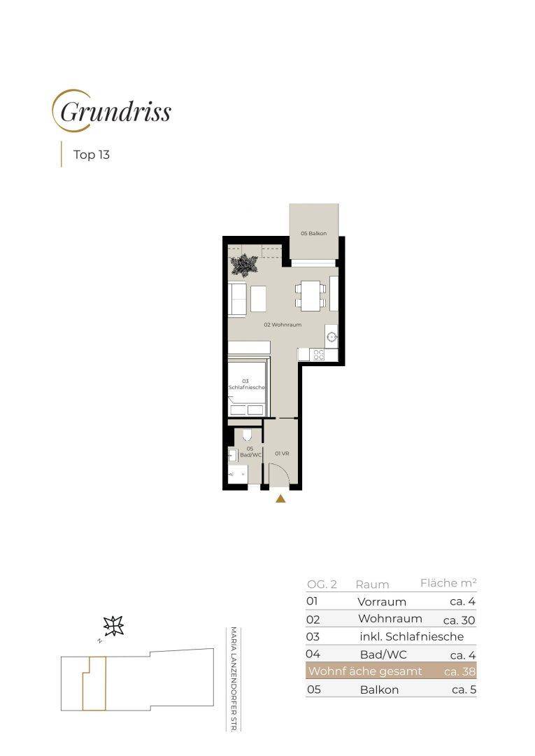 Grundriss der Wohnung Top 13 mit Wohnraum, Schlafzimmer und Balkon.