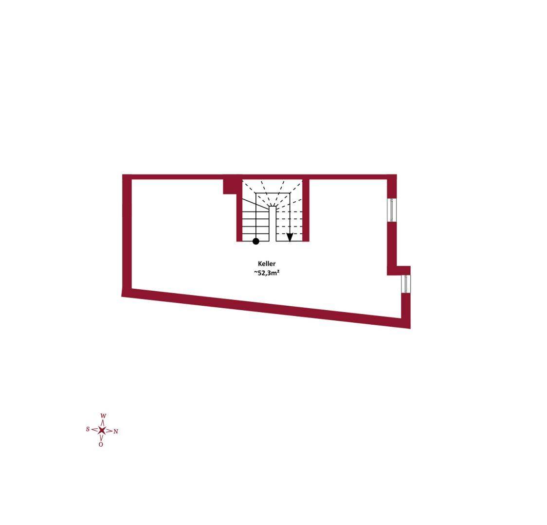 Grundriss des Kellers mit Treppenaufgang und einer Fläche von 52,3m².