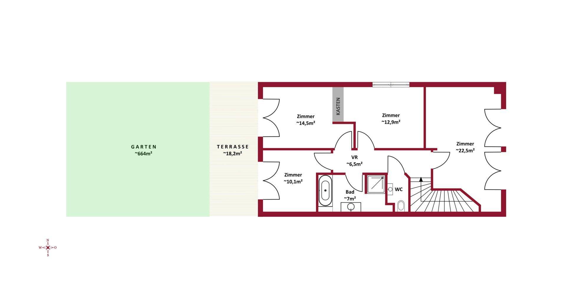 Grundriss des Dachgeschosses mit mehreren Zimmern, Bad, WC, Terrasse und Garten.