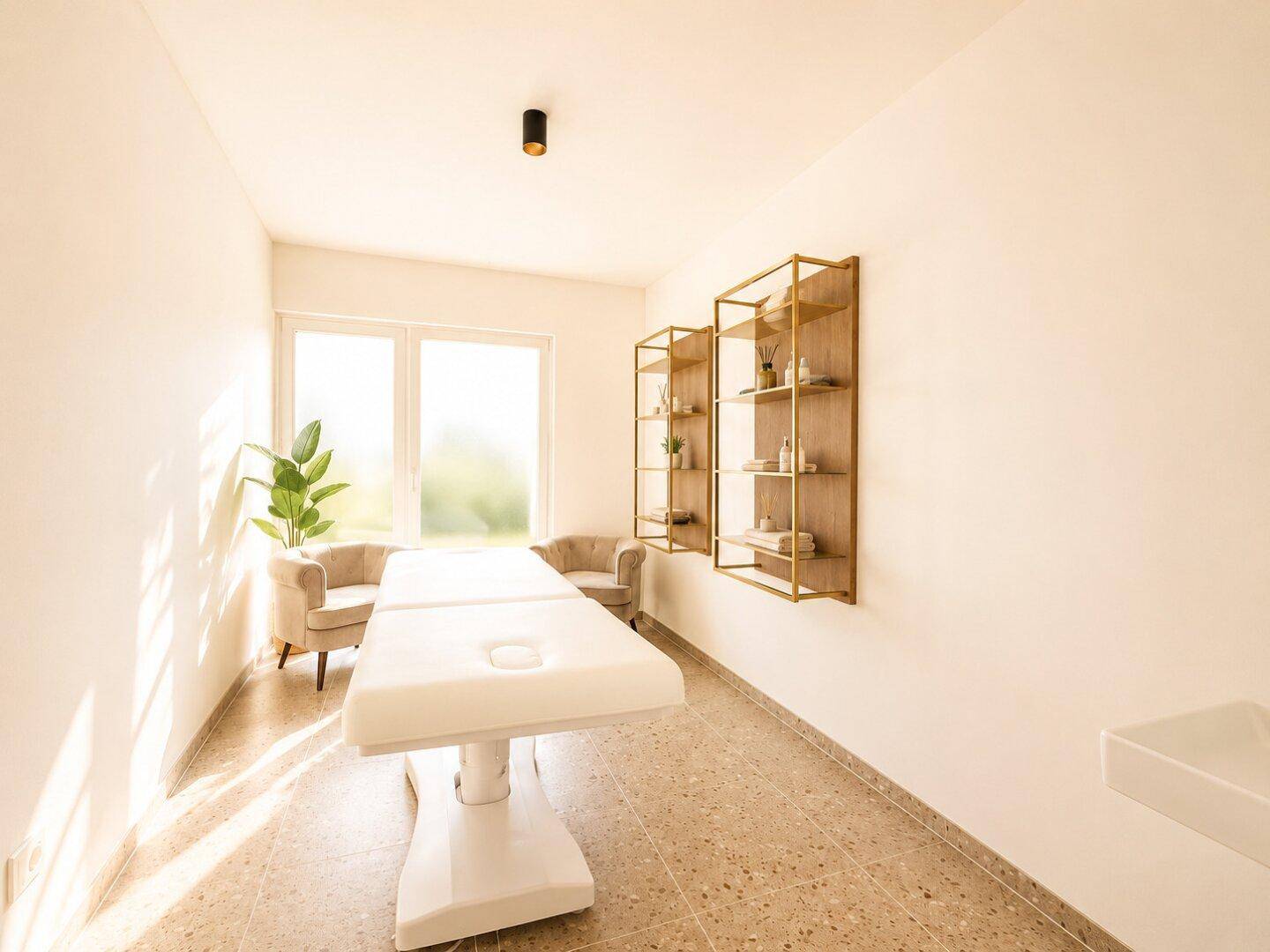 Behandlungsraum mit Liege, Regalen und viel Tageslicht, ideal für Wellnessanwendungen.