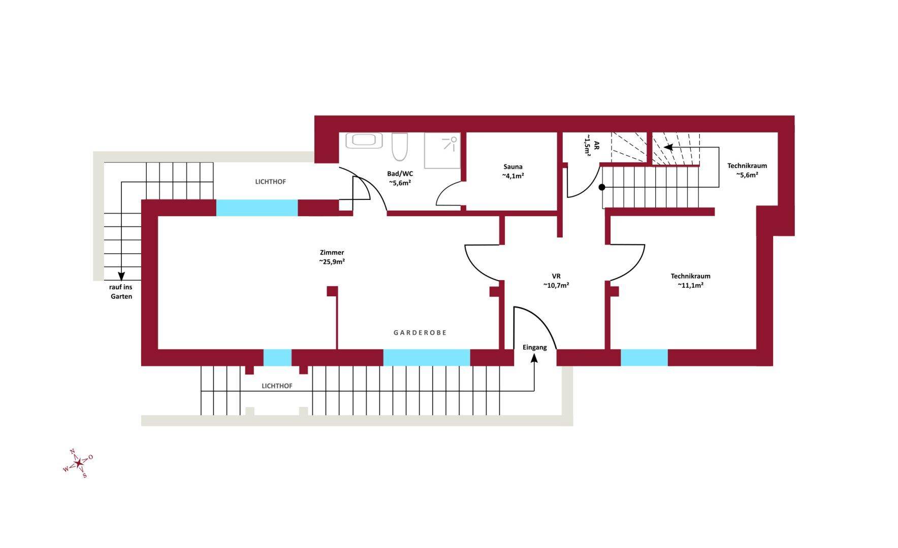 Grundriss des Untergeschosses mit Zimmer, Bad, Sauna und Technikräumen.