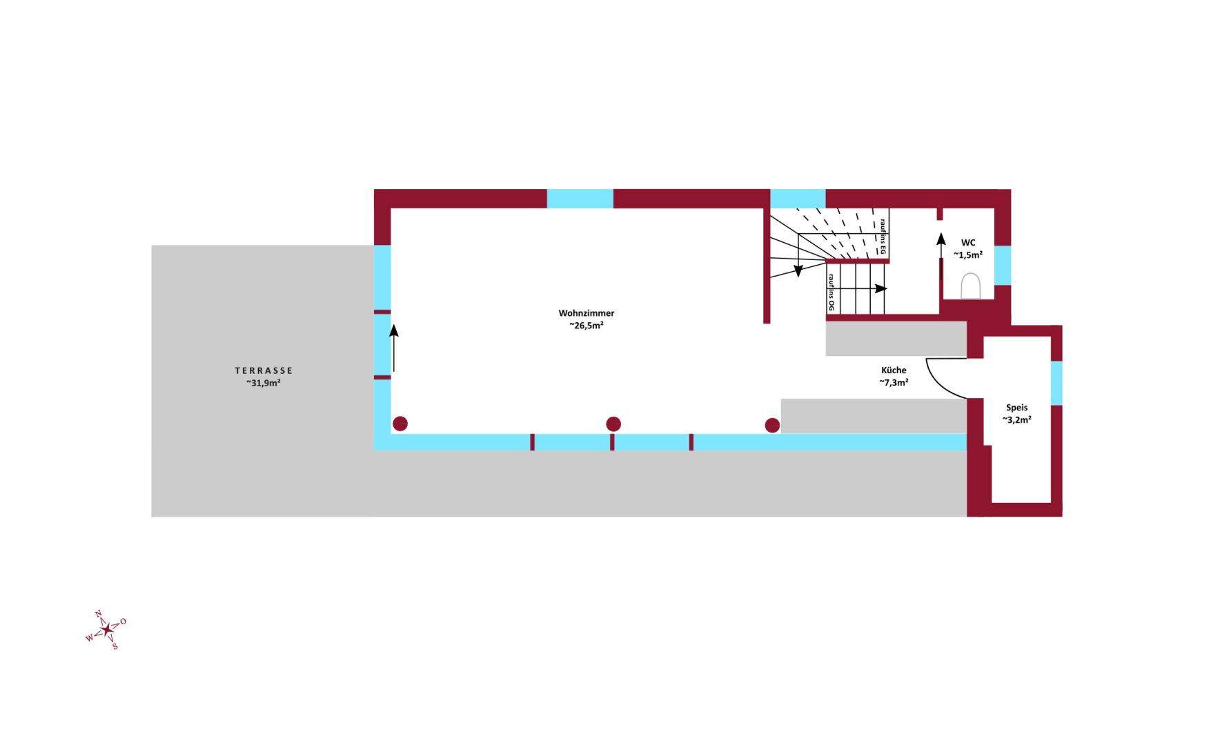 Grundriss des Erdgeschosses mit Wohnzimmer, Küche, WC und großer Terrasse.