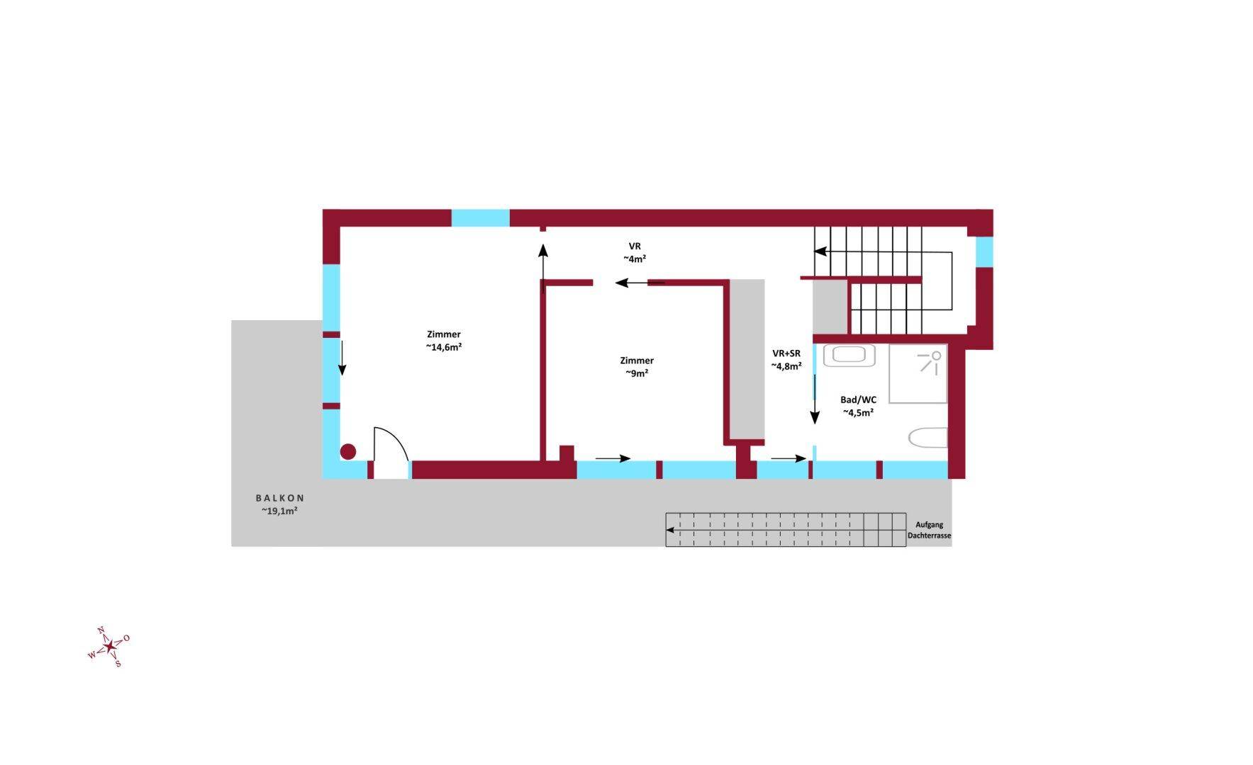 Grundriss eines Obergeschosses mit zwei Zimmern, Bad und einem Balkon.