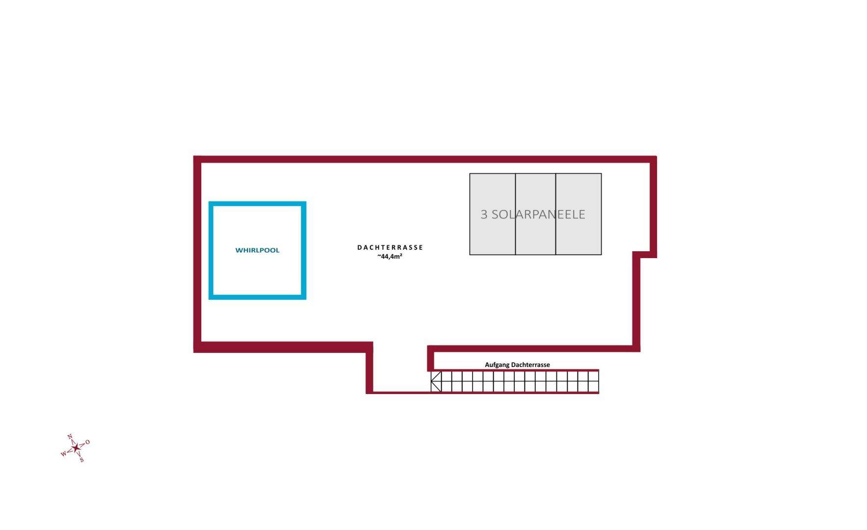 Grundriss der Dachterrasse mit Whirlpool und Solarpaneelen.
