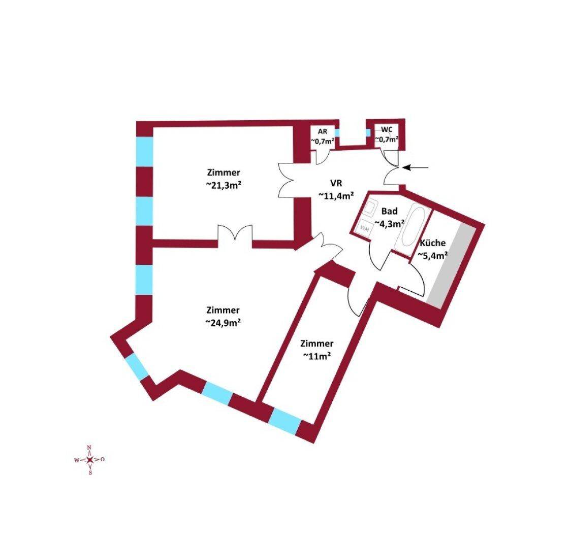 Grundriss einer Wohnung mit drei Zimmern, Bad, WC und Küche, inklusive Flächenangaben.