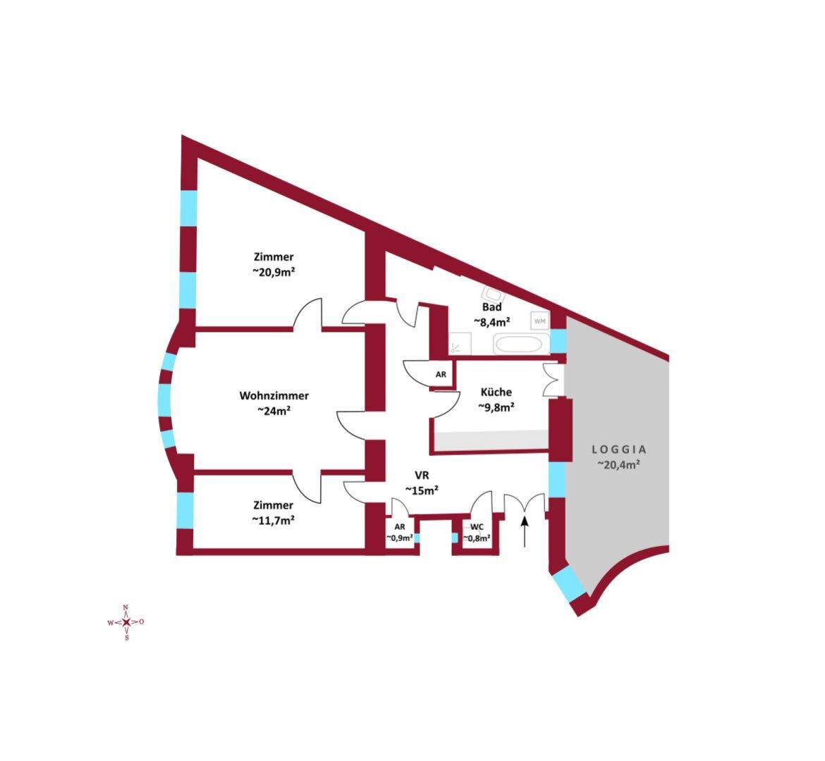 Detaillierter Grundriss der Wohnung mit separaten Zimmern, Wohnzimmer, Küche und einer Loggia.