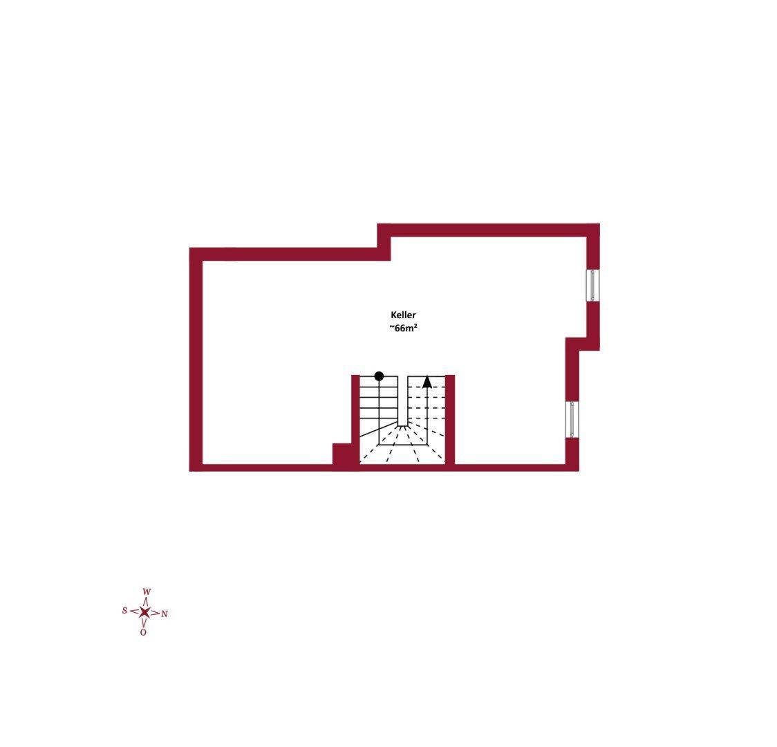 Grundriss des Kellers mit einer Fläche von ca. 66m² und Treppenzugang.