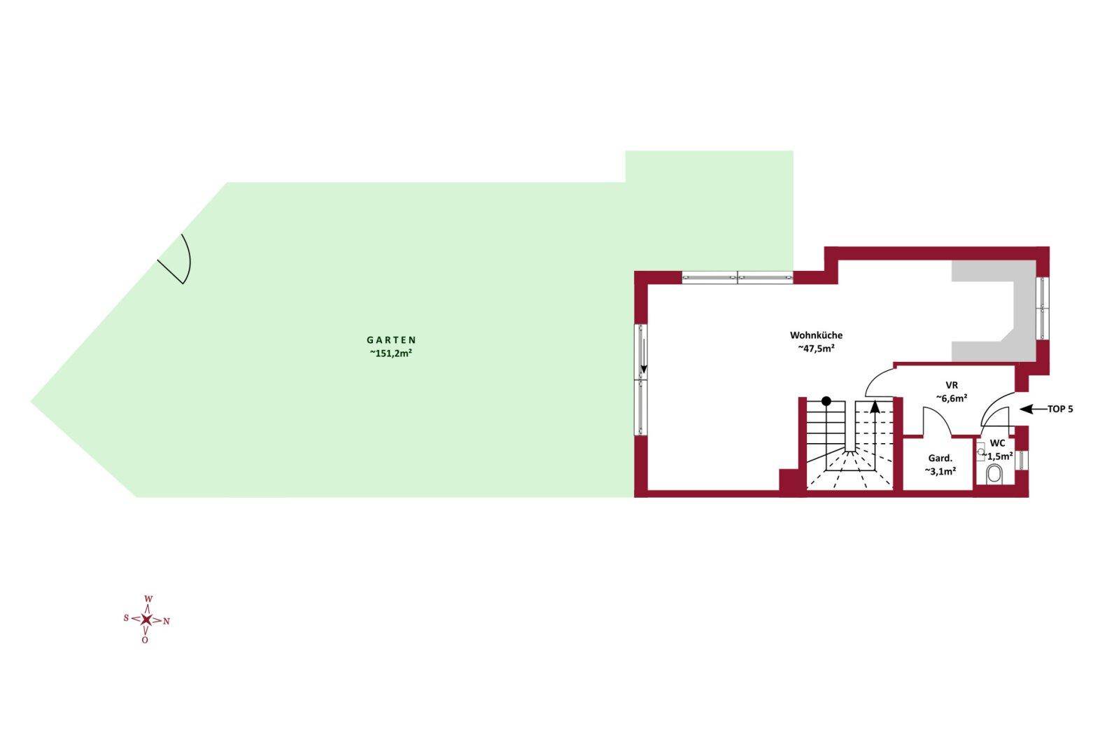 Grundriss des Erdgeschosses mit offener Wohnküche, Gäste-WC und großem Gartenbereich.