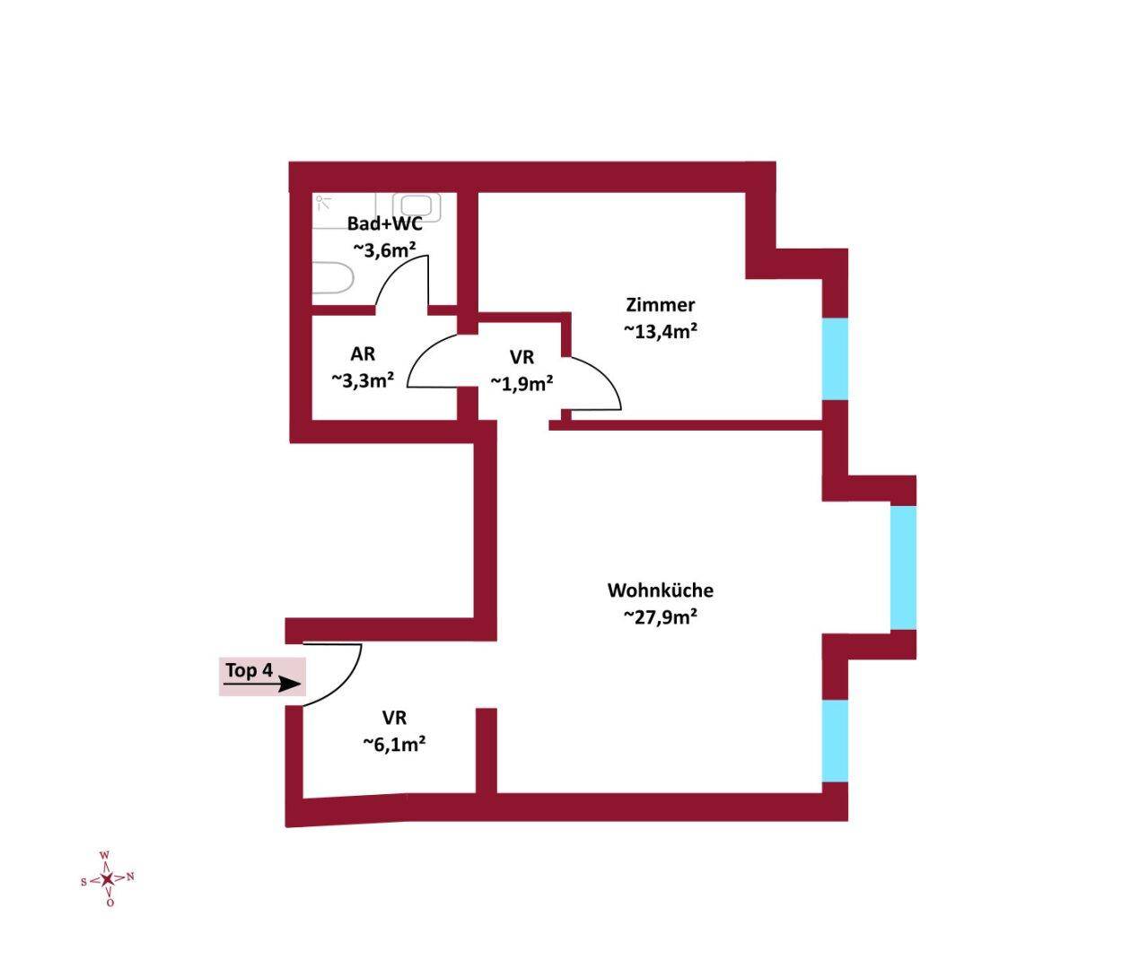 Grundriss der Wohnung Top 4 mit Wohnküche, Zimmer, Bad und Abstellraum.