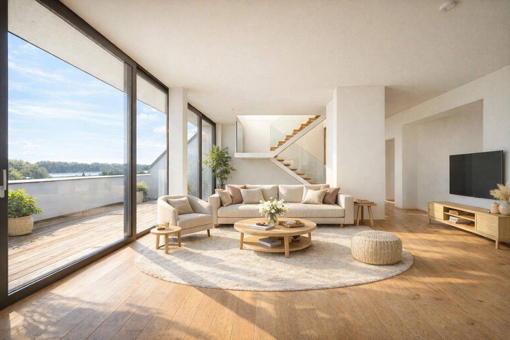 Modernes Wohnzimmer mit bequemen Möbeln, Holzboden und weitem Blick auf den See und die Umgebung.