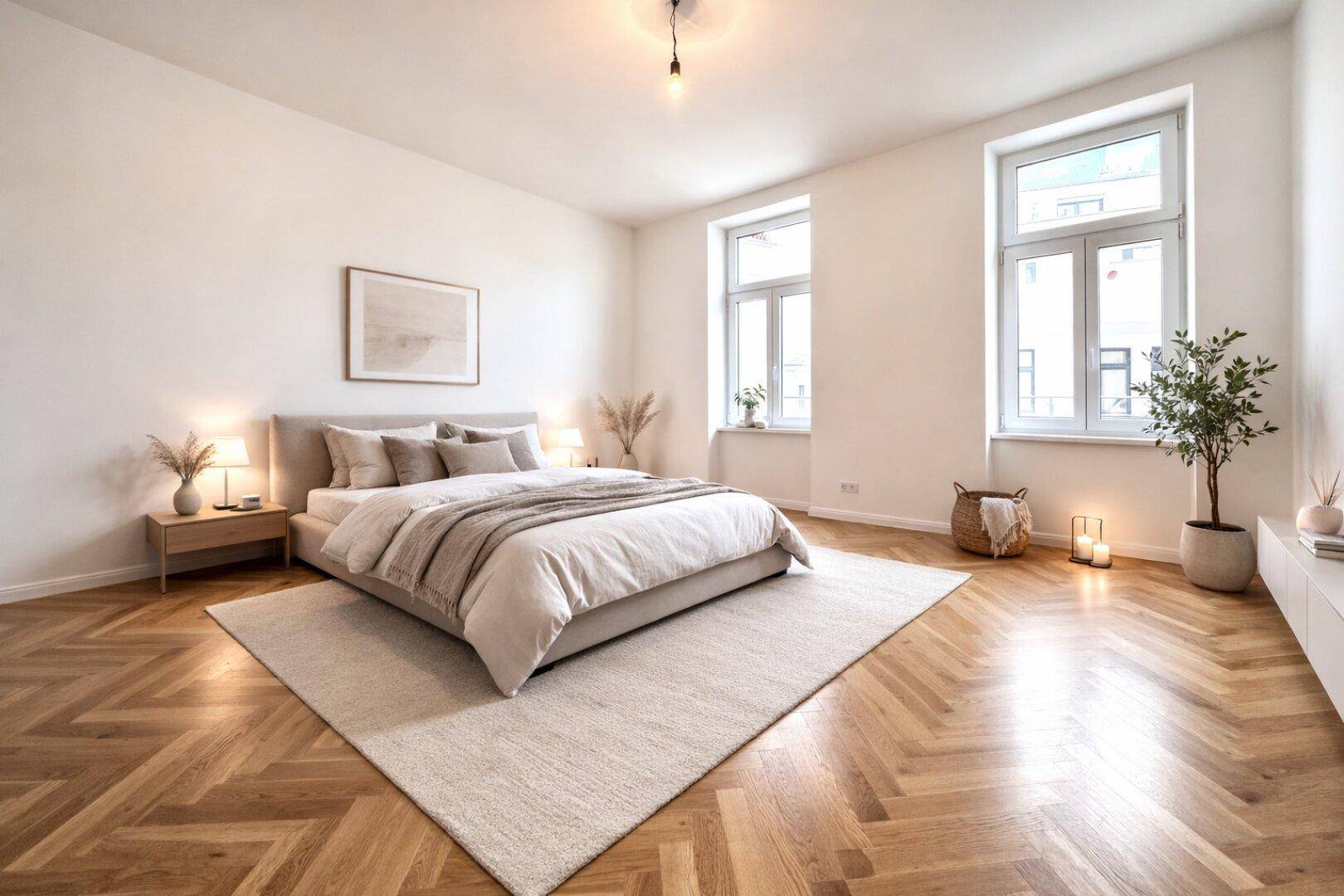 Geräumiges Schlafzimmer mit Fischgrätparkett, großen Fenstern und minimalistischer Dekoration.