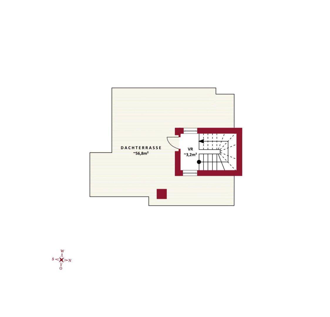 Grundriss der Dachterrasse mit Zugangsbereich und großer Freifläche.