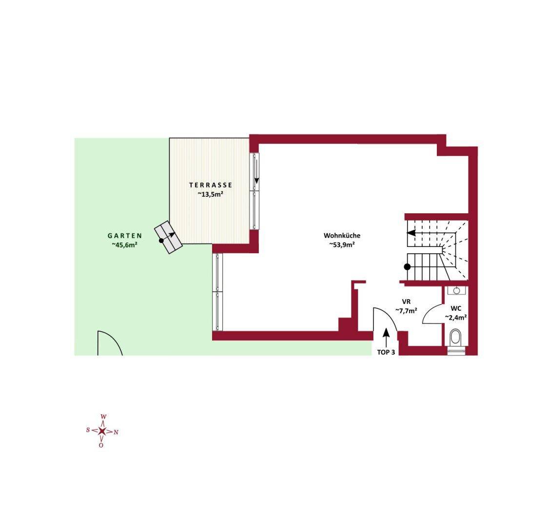 Grundriss des Erdgeschosses mit offener Wohnküche, Terrasse und Gartenbereich.