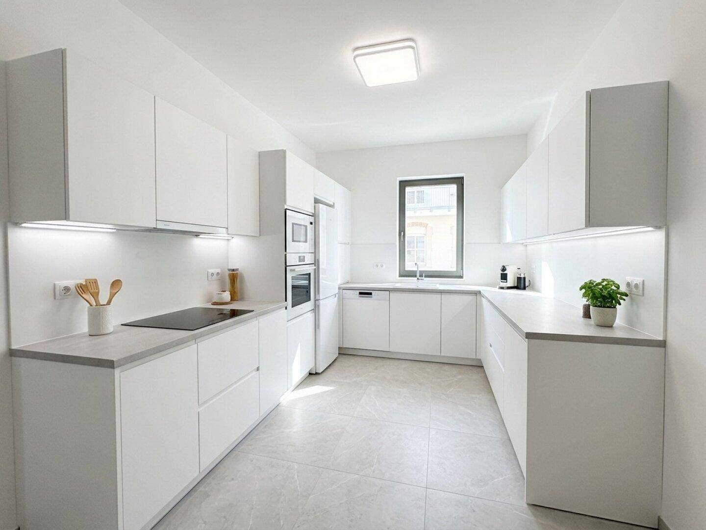 Moderne, helle Küche mit weißen Schränken, integrierten Geräten und einem Fenster für natürliches Licht.