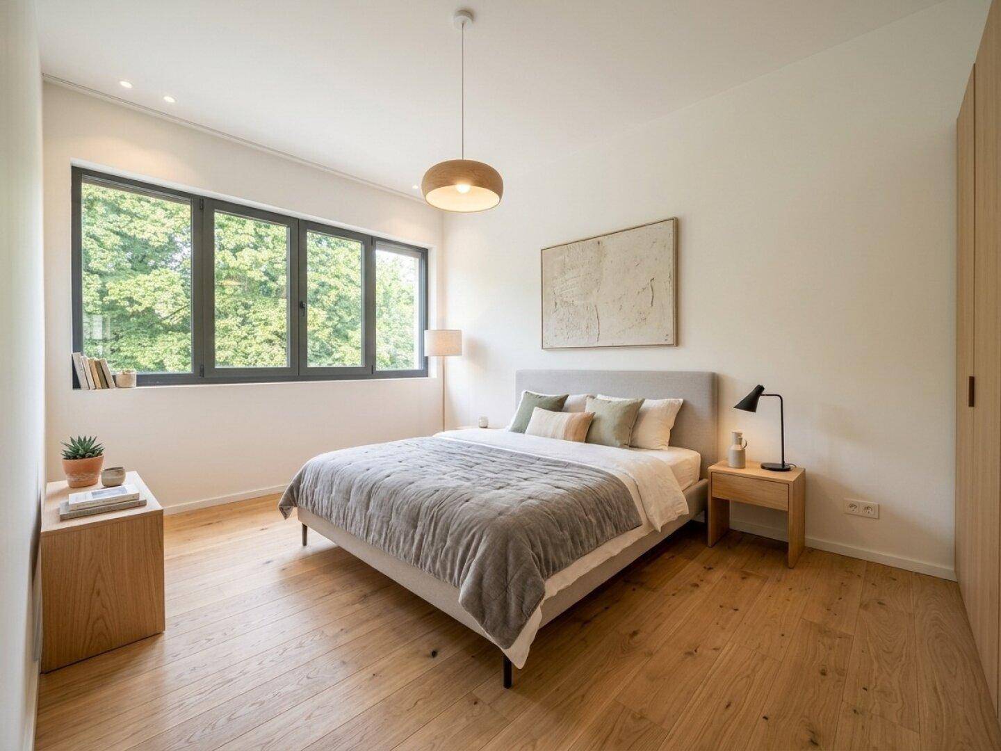 Helles Schlafzimmer mit Holzboden, großem Fenster und Blick ins Grüne, ausgestattet mit modernem Mobiliar.