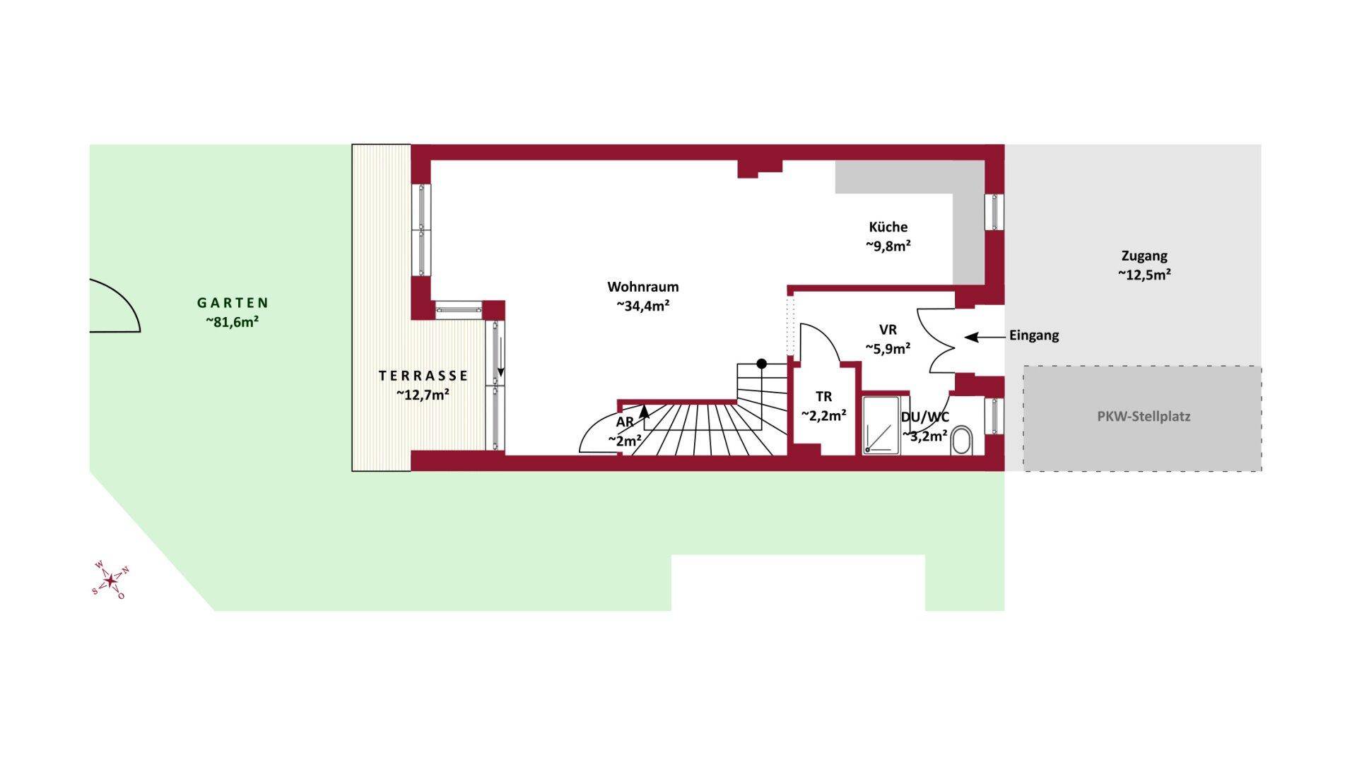 Grundriss des Erdgeschosses mit Wohnraum, Küche, Terrasse, Garten und PKW-Stellplatz.