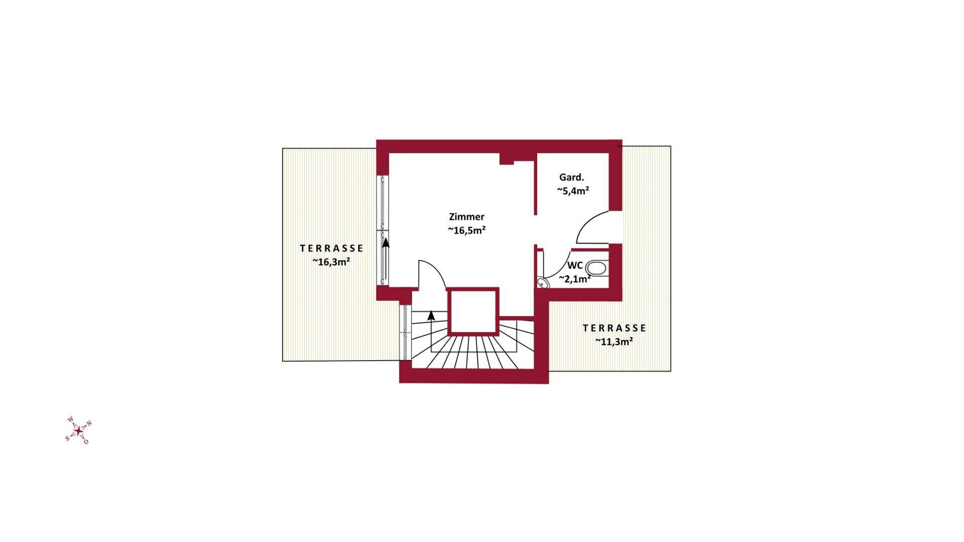Grundriss des Dachgeschosses mit einem Zimmer, WC und zwei Terrassenbereichen.