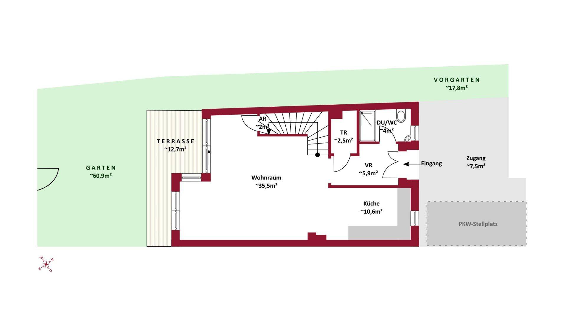 Grundriss des Erdgeschosses mit offenem Wohnbereich, Küche, Terrasse und Garten.