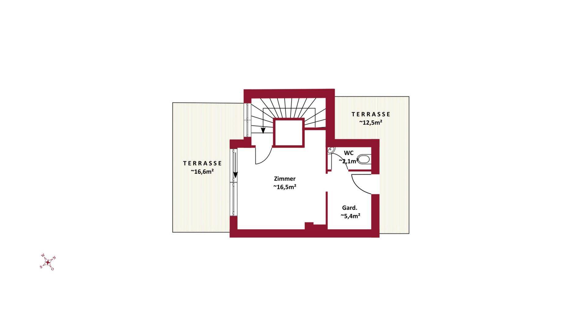 Grundriss des Dachgeschosses mit Zimmer, Garderobe und zwei Terrassen.