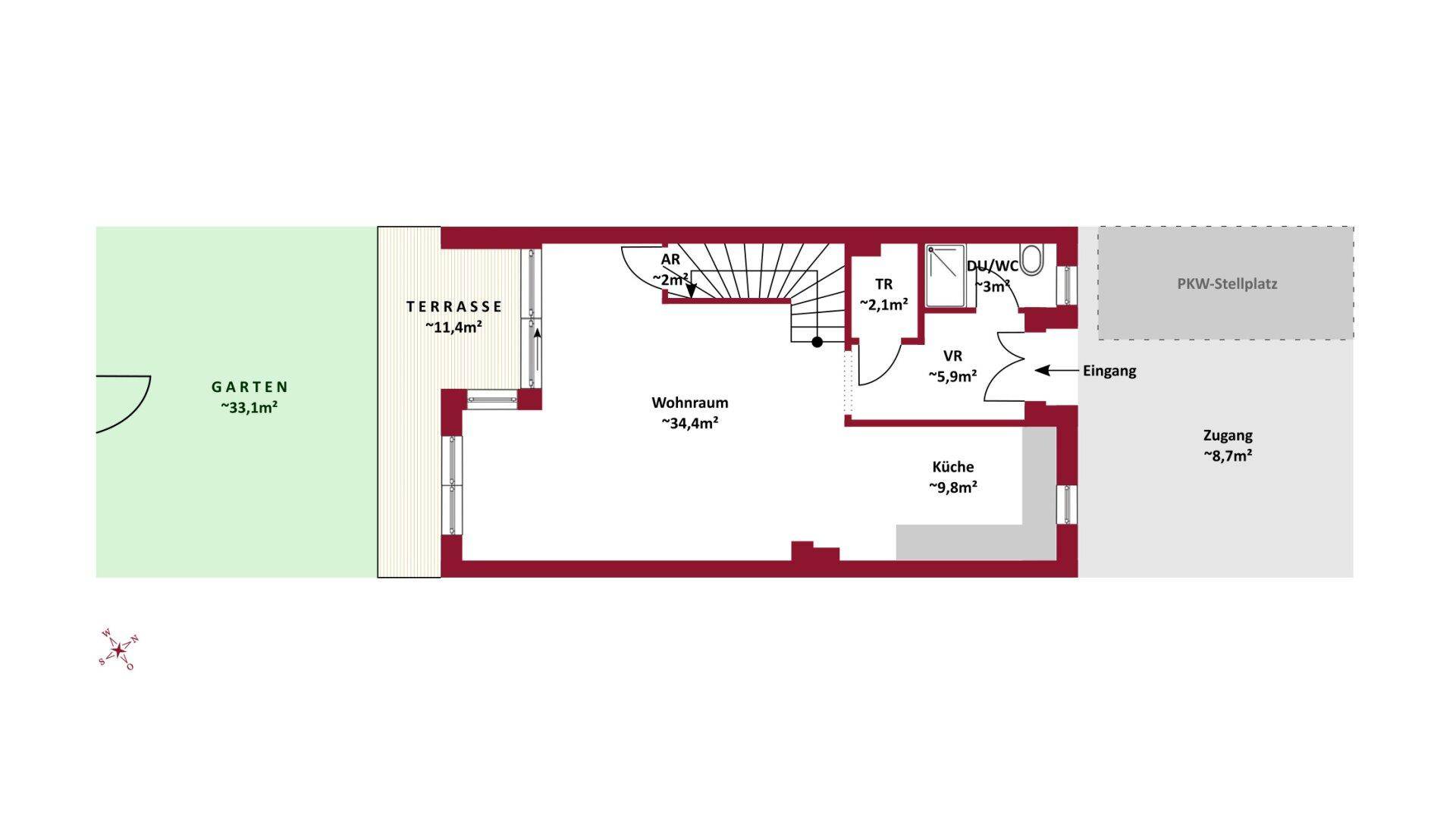 Grundriss des Erdgeschosses mit offenem Wohnraum, Küche, Terrasse und Gartenbereich.