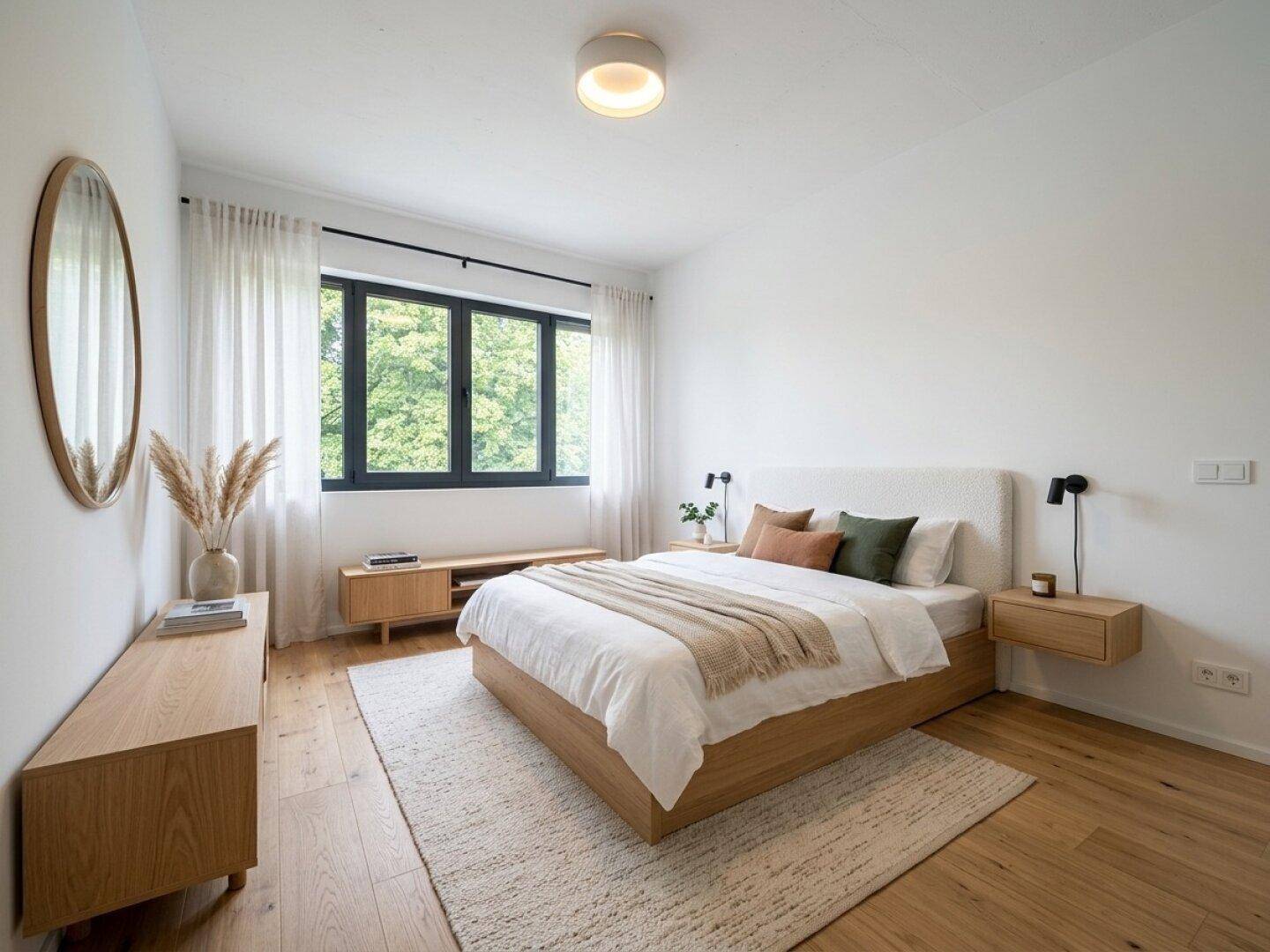 Helles Schlafzimmer mit Holzboden, großem Fenster und moderner Einrichtung.