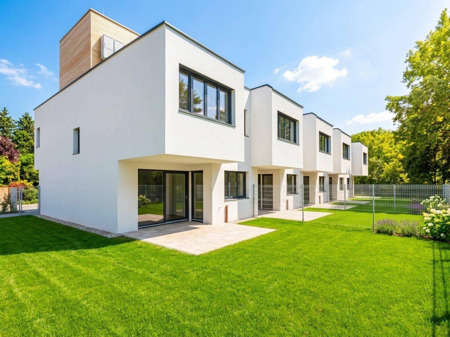 Reihenhäuser mit moderner Architektur, großen Fenstern und privatem Gartenbereich.