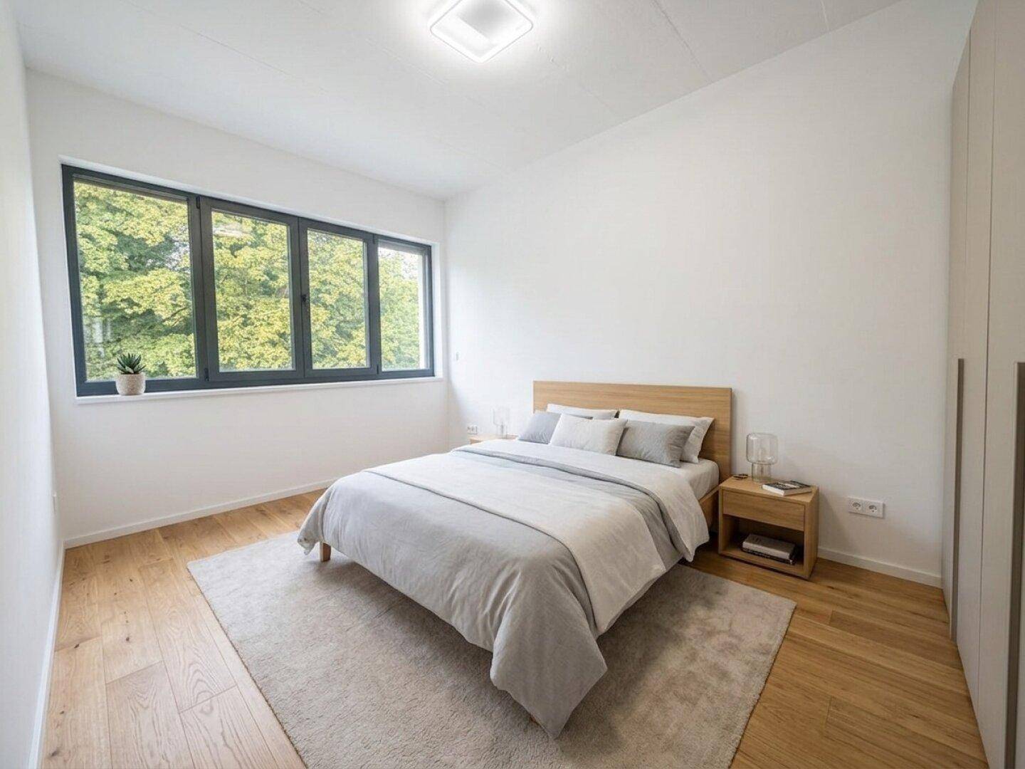 Modernes Schlafzimmer mit Holzboden, großem Fenster und Blick ins Grüne.