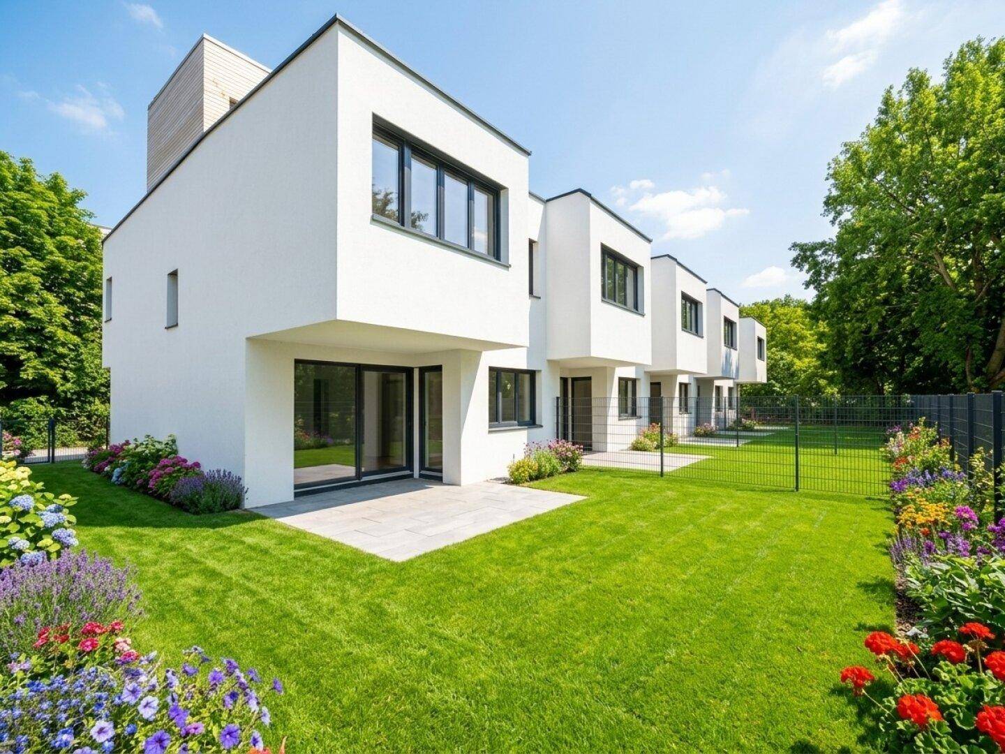 Moderne Reihenhäuser mit weißer Fassade, gepflegten Gärten und sonnigen Terrassenbereichen.