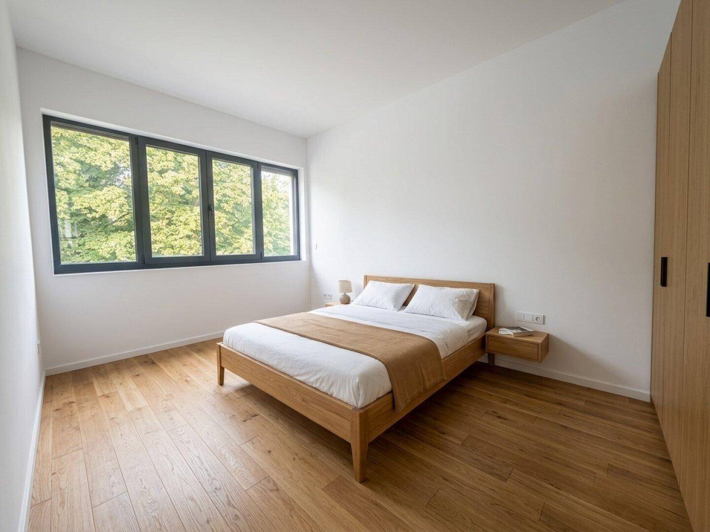 Helles Schlafzimmer mit Holzboden, großen Fenstern und einem schönen Blick ins Grüne.