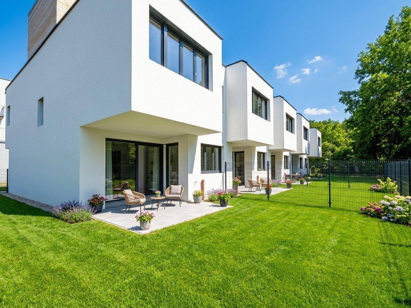 Moderne Reihenhäuser mit privaten Gärten und Terrassen unter blauem Himmel.