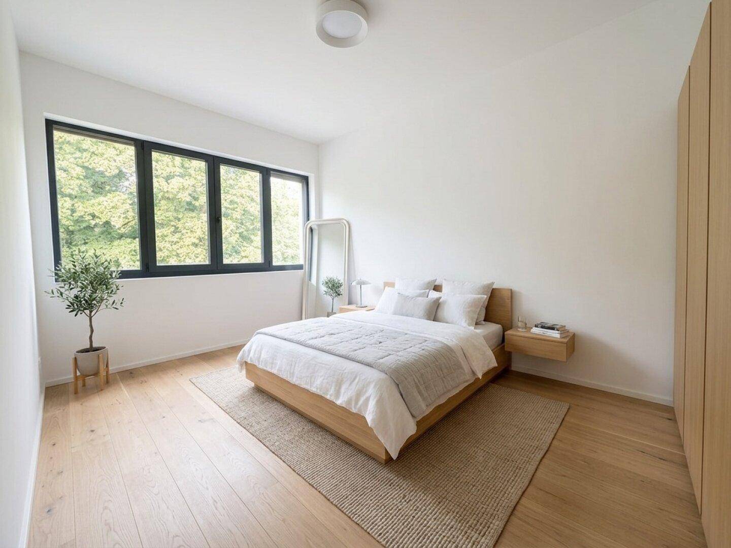 Helles Schlafzimmer mit Holzboden, großen Fenstern und minimalistischer Einrichtung.