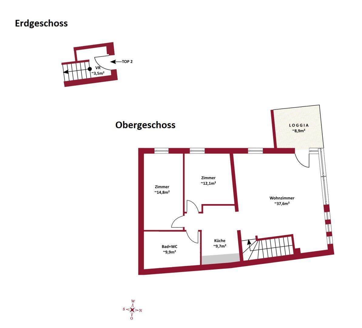 Grundriss des Obergeschosses mit Wohnzimmer, Küche, Zimmern, Bad und Loggia, bietet eine klare Raumaufteilung.