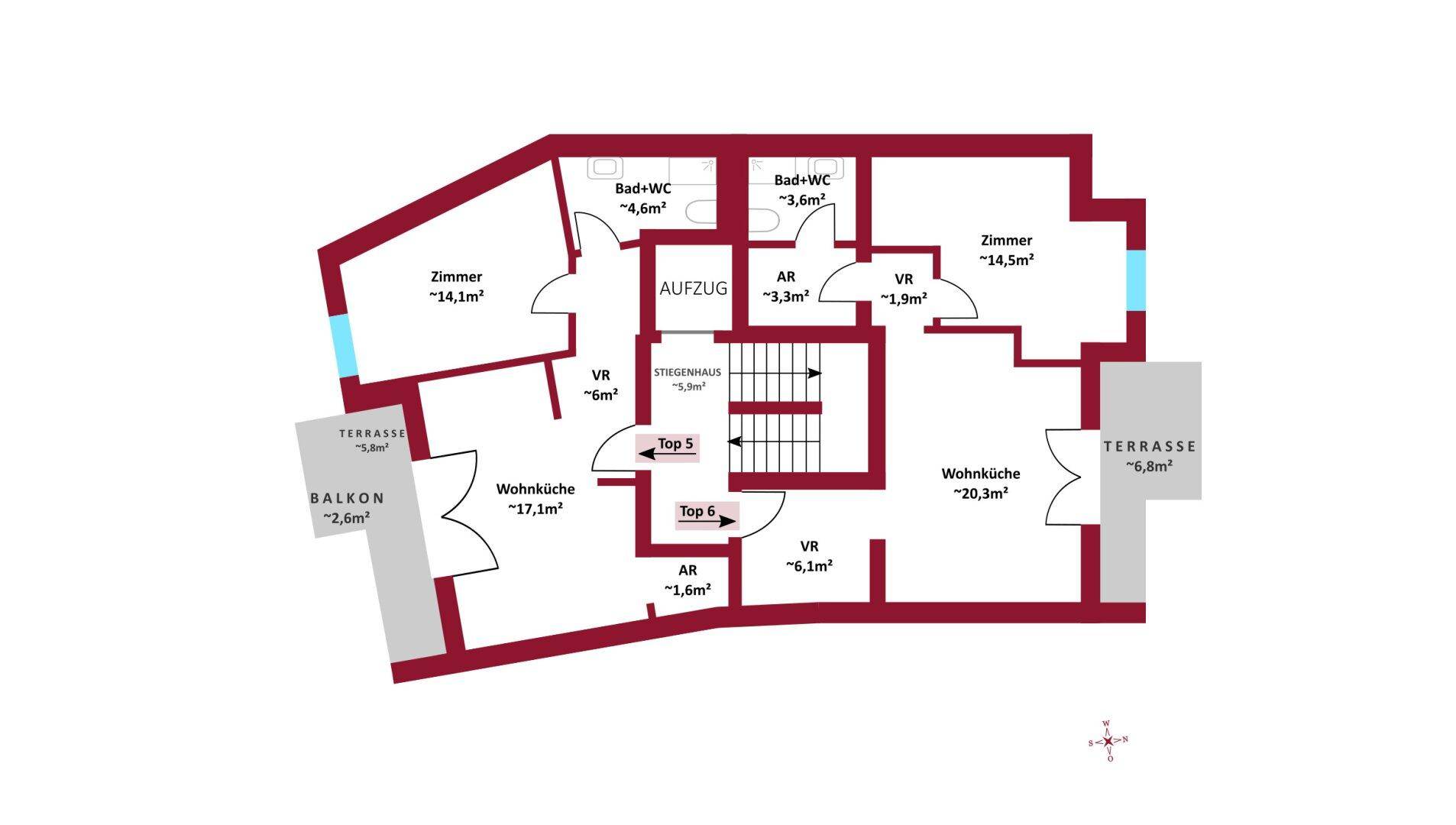 Grundriss eines Obergeschosses mit Wohnküche, Zimmern, Bädern, Terrasse und Balkon.